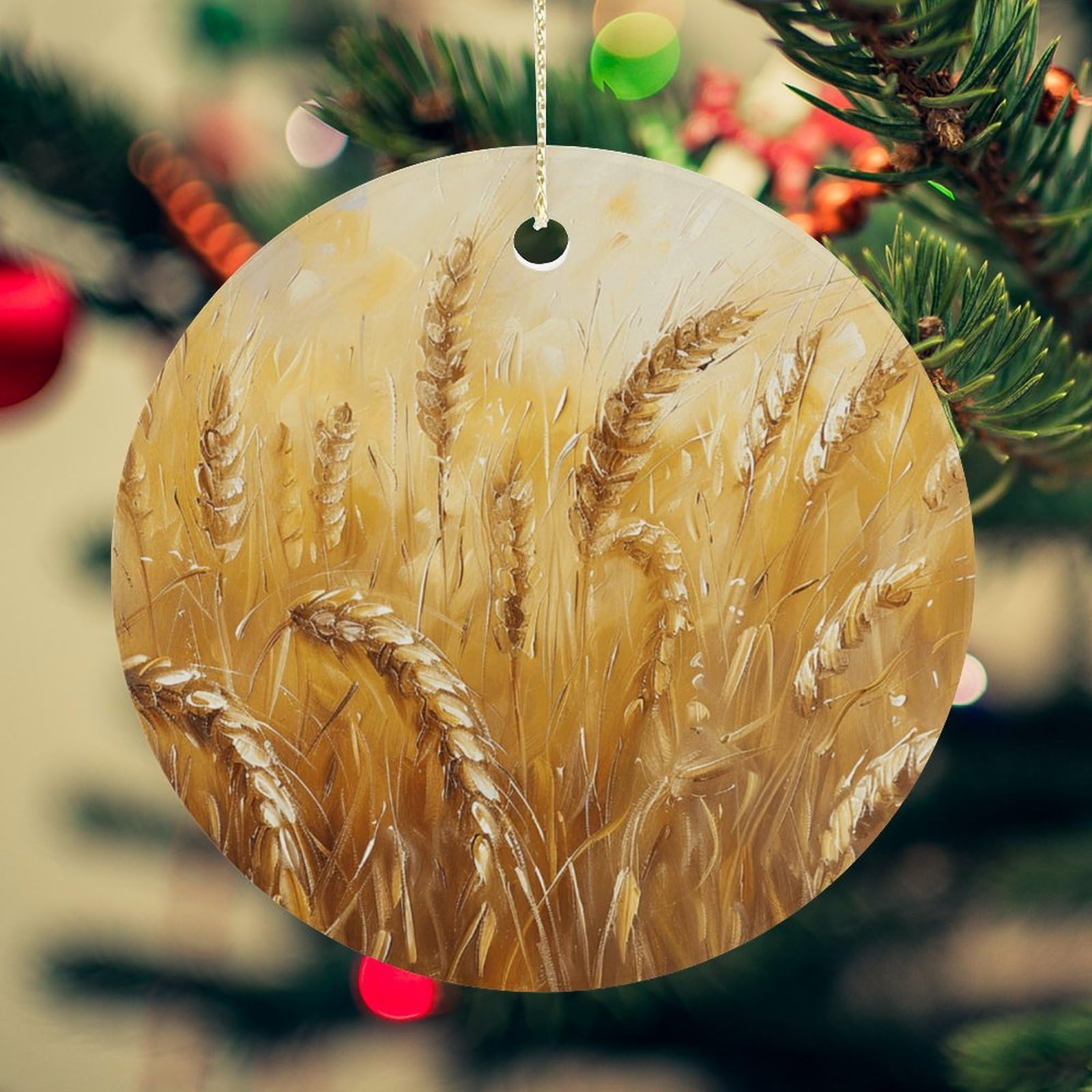 Golden Wheat Field Image Christmas Ornament for Christmas Tree Ceramic Round Ornament Winter Holiday Keepsake Gift 2.7" Christmas Tree Hanging Decorations Circle Ceramic Pendant Xmas Gift