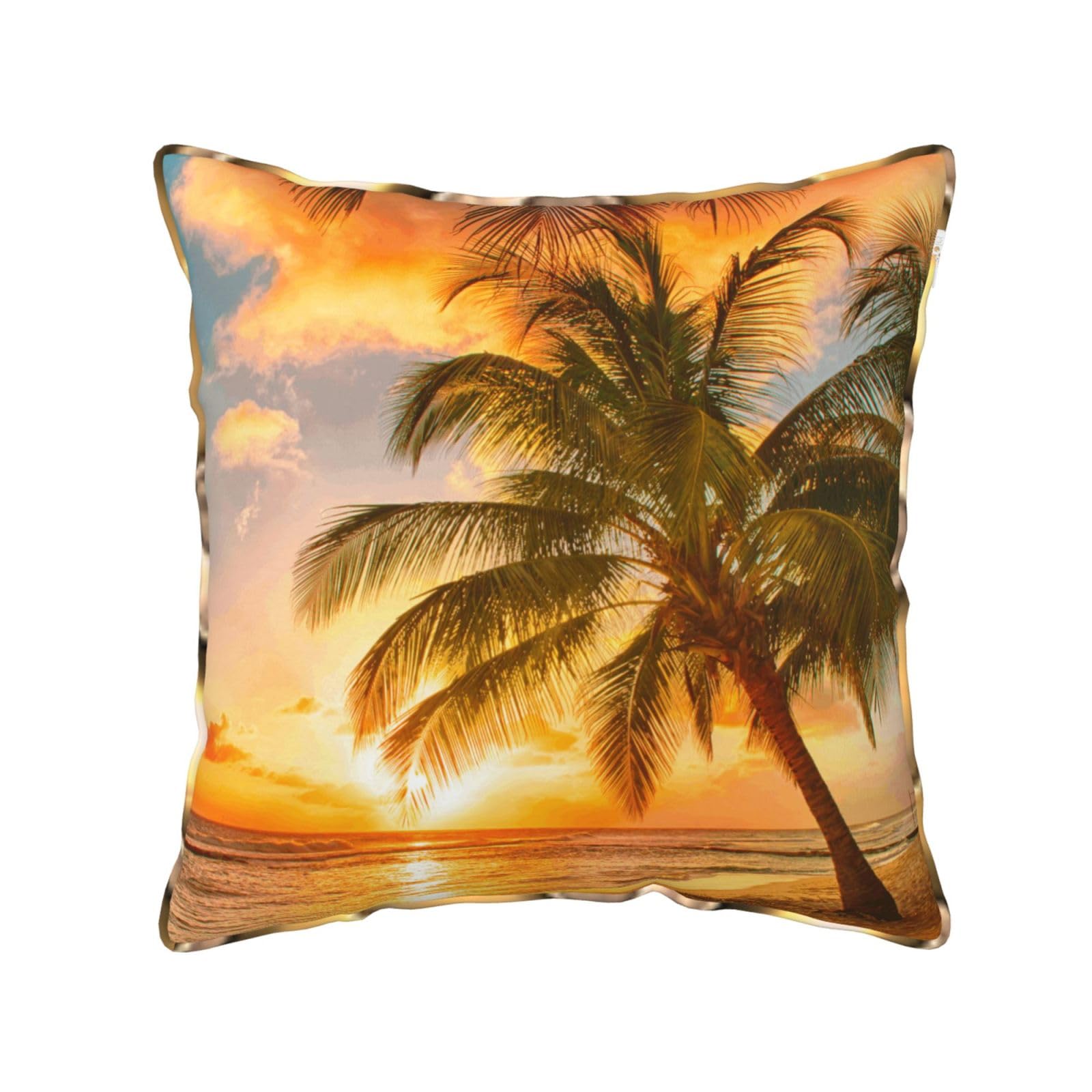 AUBKFELD Tropical Beach Palm Tree Sunset Printed Velvet Cushion Cover 40x40 CM with Gold Edging Strip, Square Pillowcase Soft Throw Pillow Covers Case Decorative for Living Room Sofa Couch Bed Bench