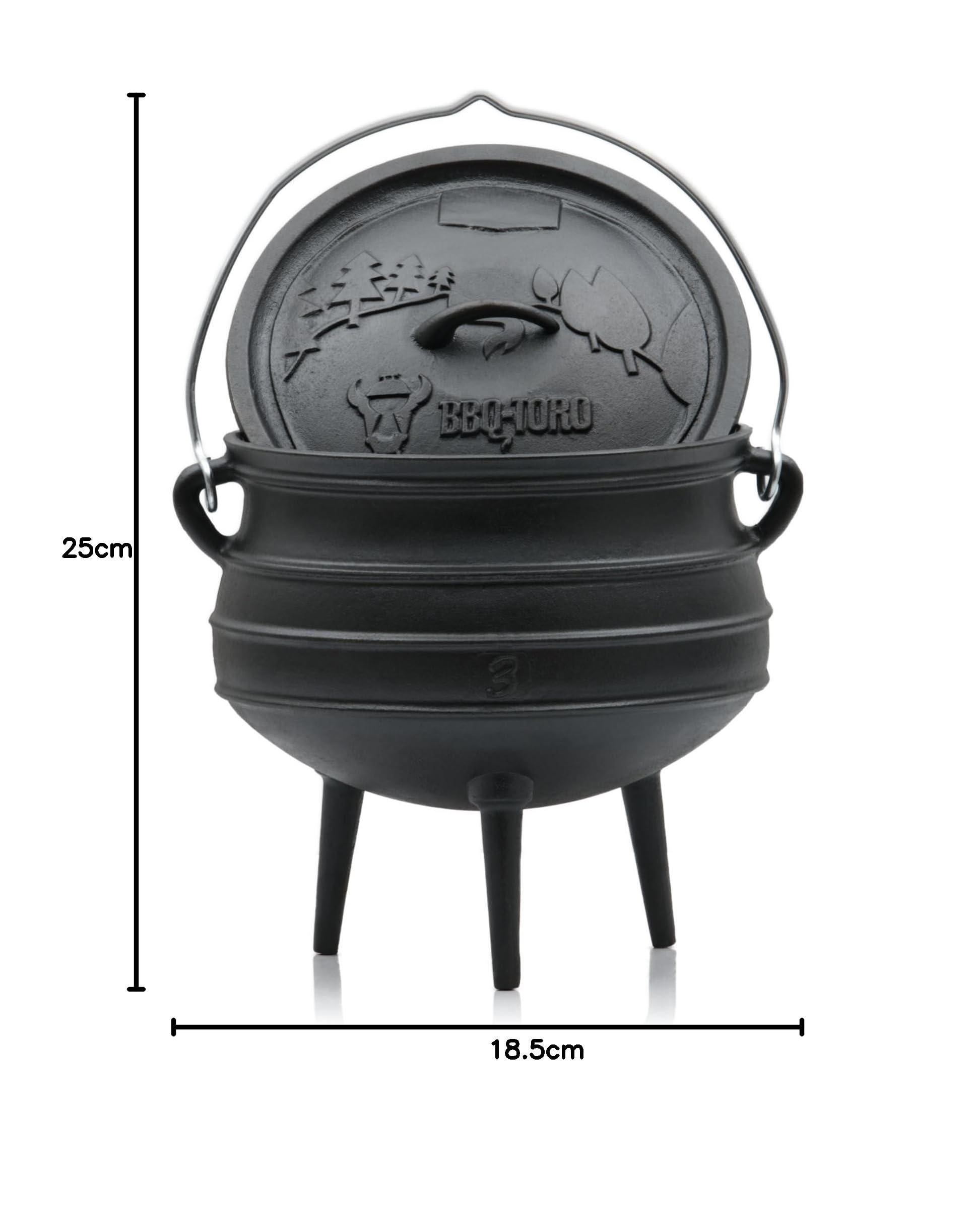 BBQ-Toro Potjie Olla de Hierro Fundido con Patas y Tapa aprox. 8 Litros | Horno Holandés Sudafricano Ya Curado - pre-Seasoned | Dutch Oven | Hervidor de Hierro Fundido, Olla Sudafricana