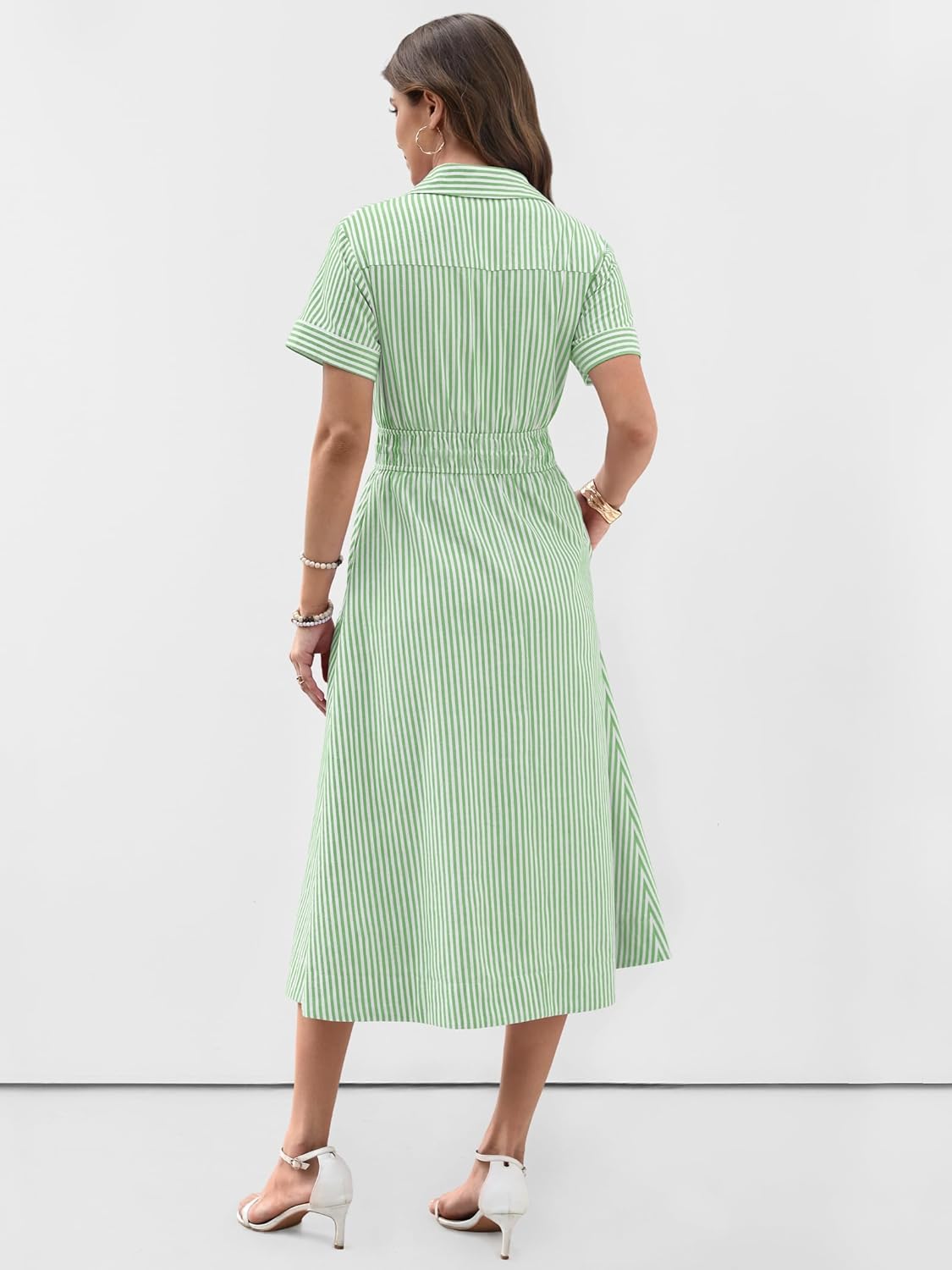 ANRABESS Womens Summer Midi Dress Short Sleeve Striped Plaid Button Collar Shirt Dresses 2026 Casual Beach Vacation Clothes Light Green White Stripe L - Image 4