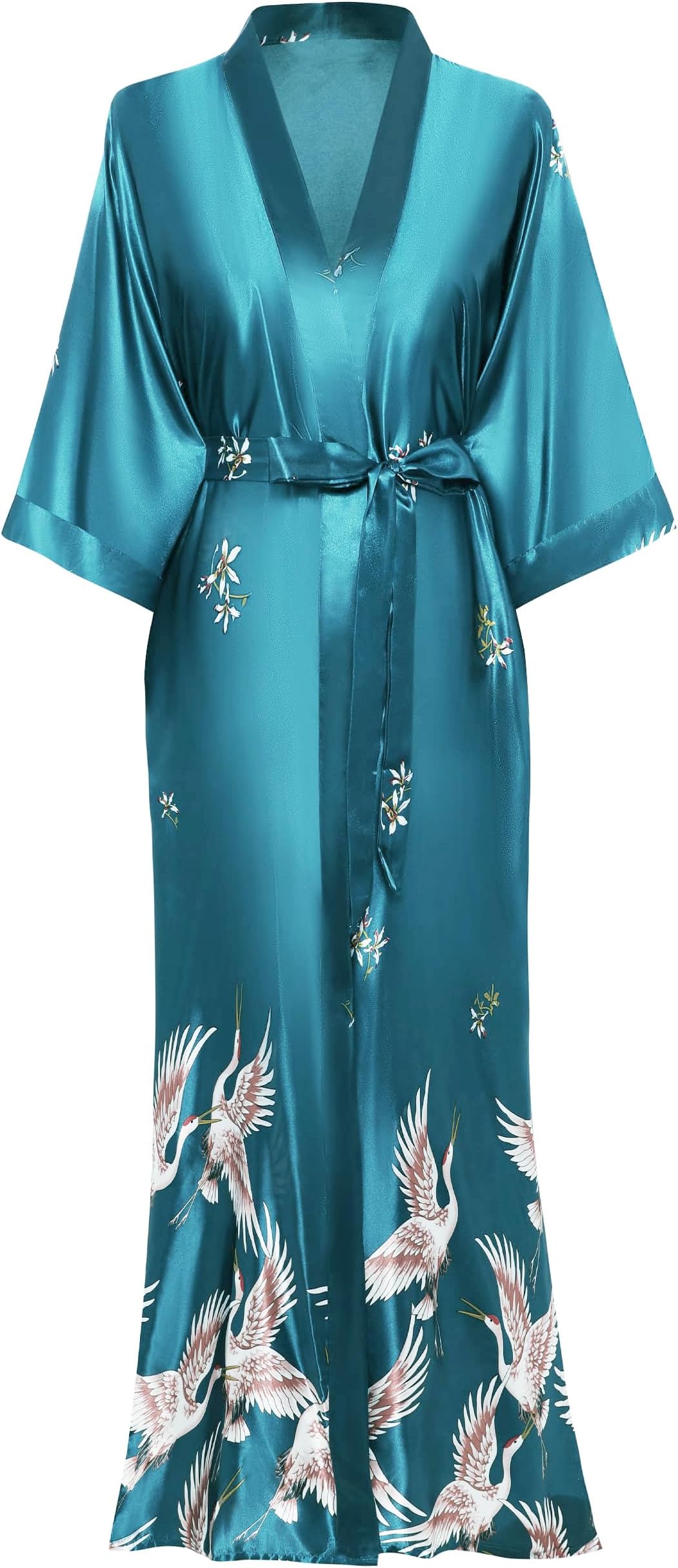 Long Kimono Robe Satin Sleepwear Blouse Bathrobe Nightgown Silky Crane Kimono Cardigan Robe