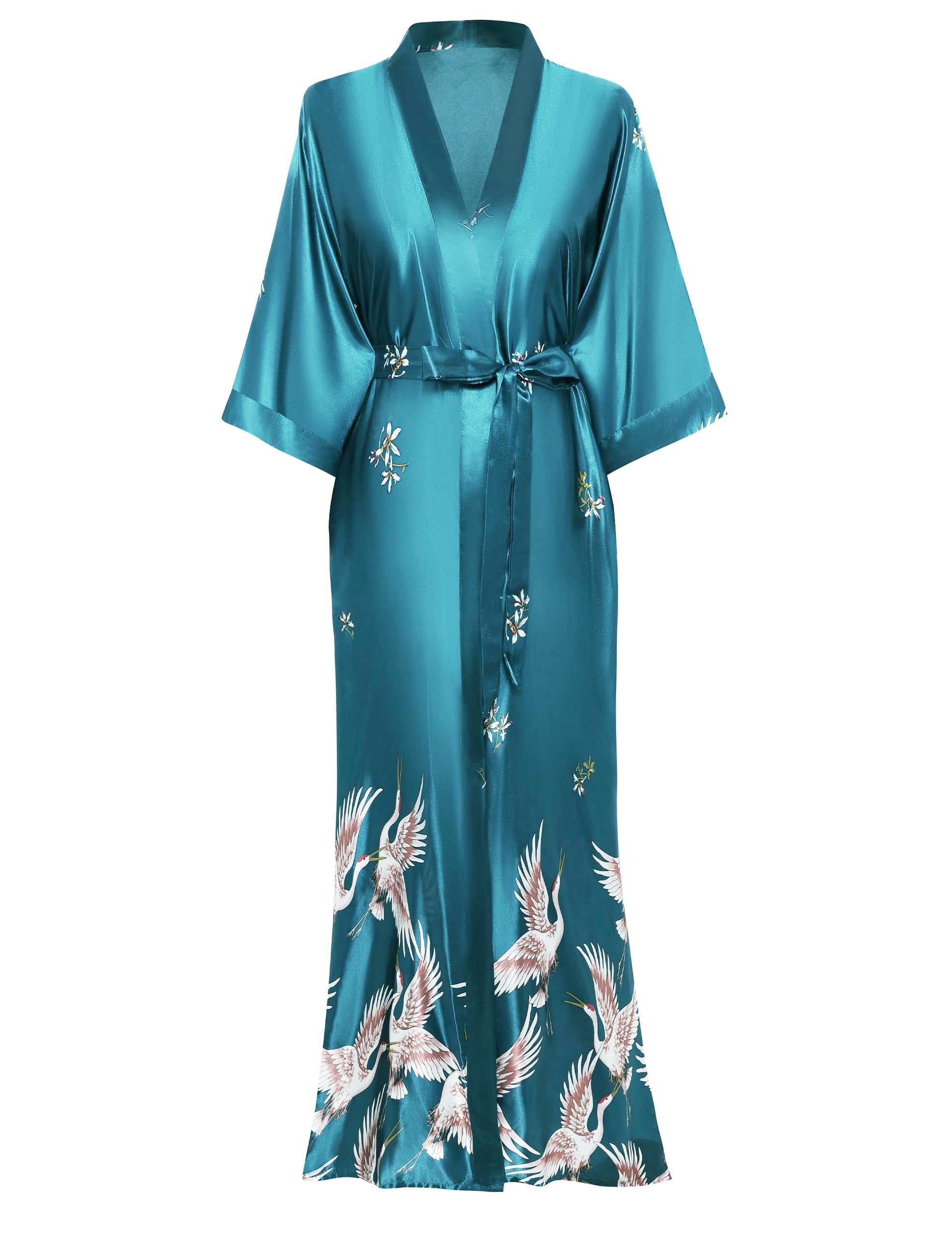 Long Kimono Robe Satin Sleepwear Blouse Bathrobe Nightgown Silky Crane Kimono Cardigan Robe