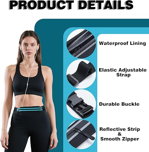 Vista 3 de Riñoneras delgadas para correr para mujeres y hombres, bolsa ajustable impermeable para correr, soporte para teléfono para corredor, Negro+Azul