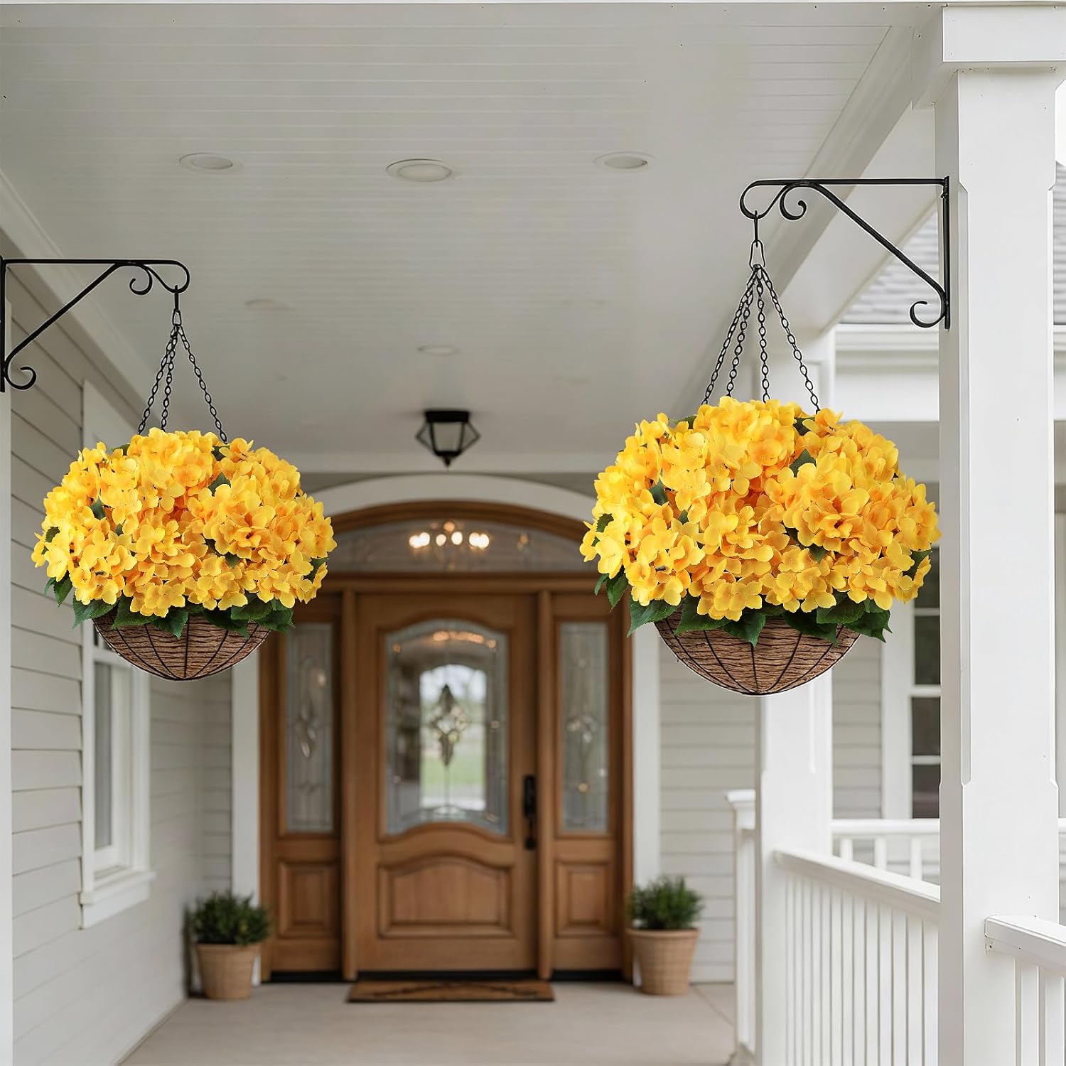 FOTEEWL 8 Bundles Artificial Hydrangea Flowers for Outdoor Decor, Realistic Faux Silk Bouquets Sun-Resistant Fake Plants for Front Door Balcony Farmhouse Garden Home Spring Summer Decor (Yellow)