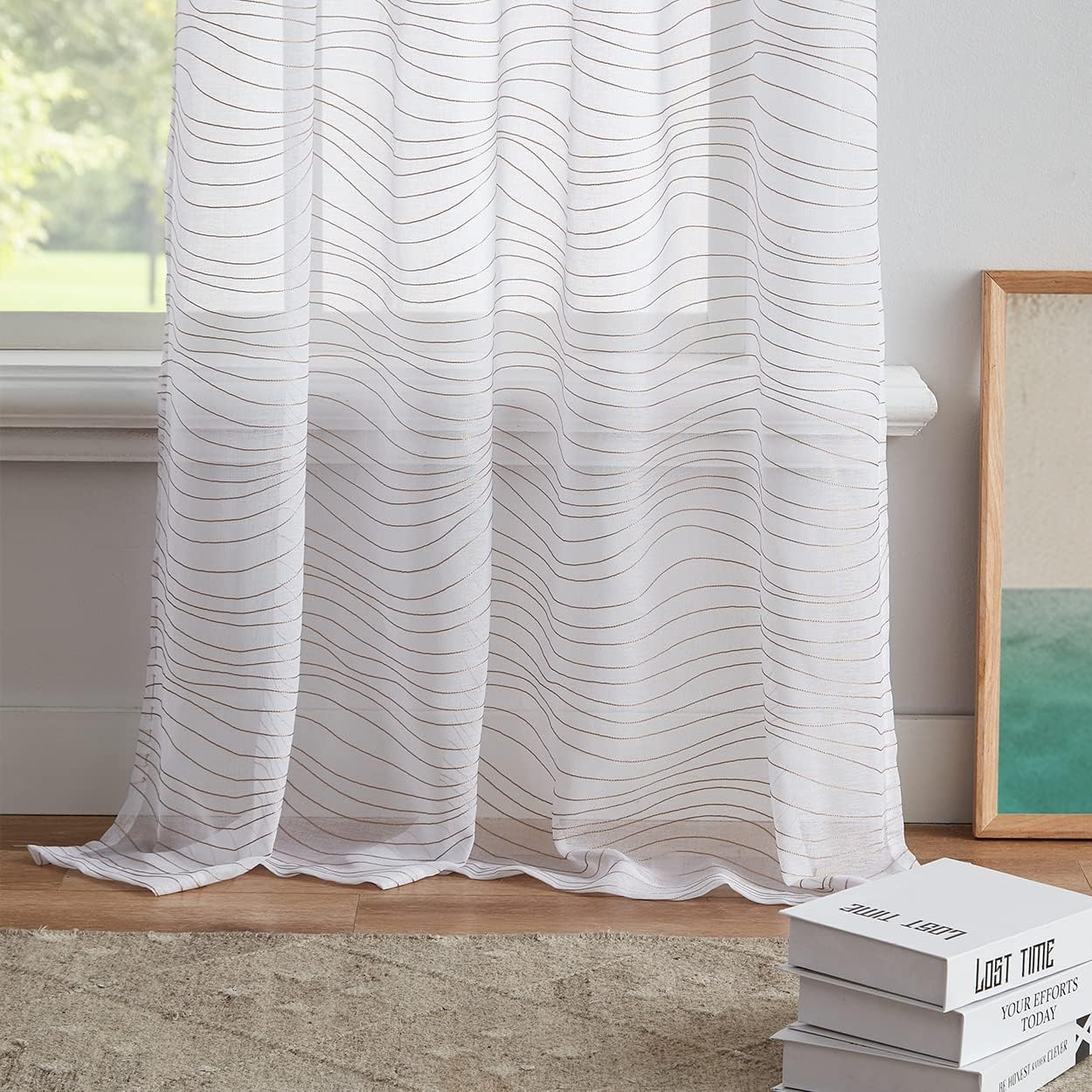 Enactex White Embroidery Sheer Curtain with Beige Wave Pattern 95 Inches Long for Living Room, Modern Design Light Filter Textured Drapes Grommet Window Treatment for Bedroom, 2 Panels