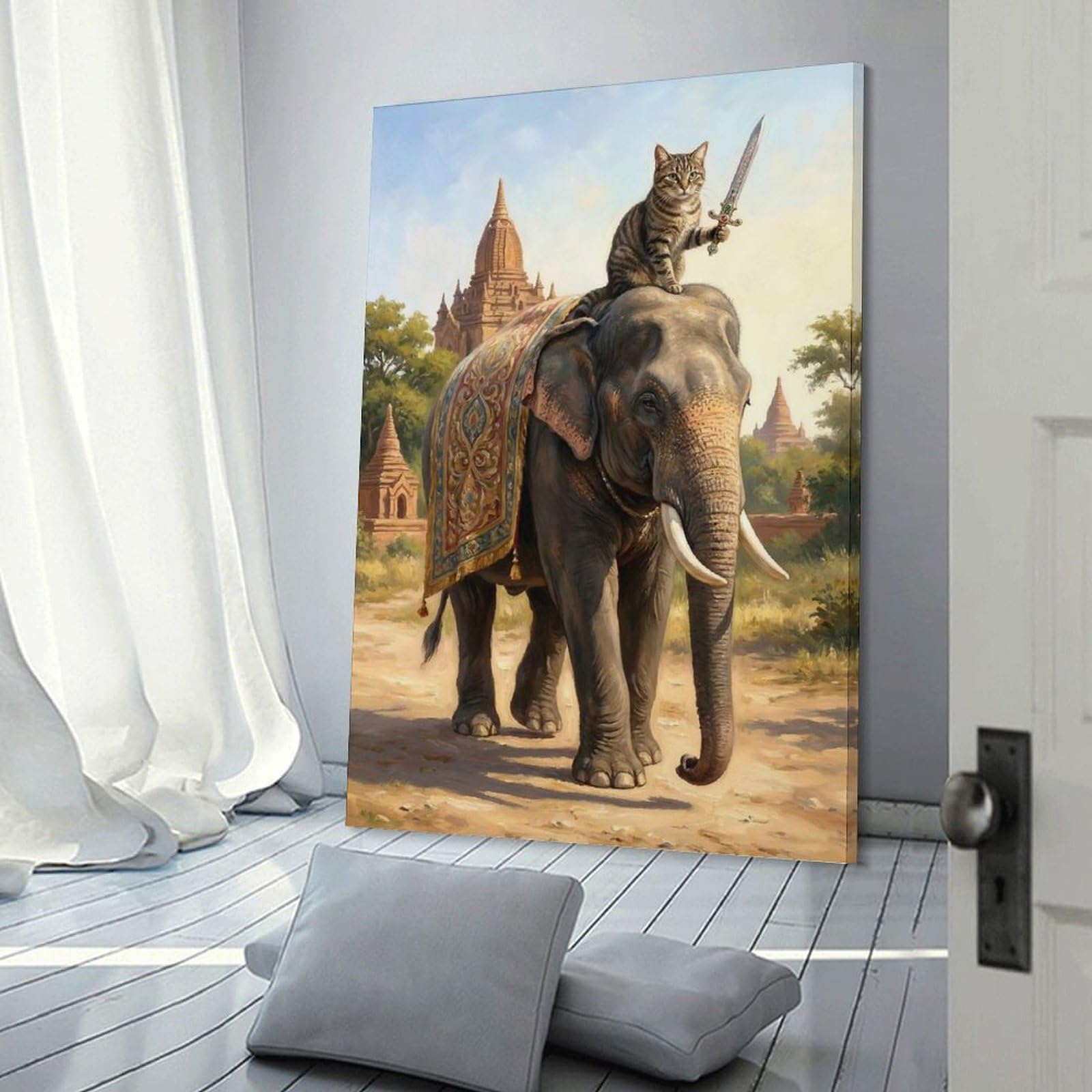 Junmoney Cat Riding Elephant with Sword Hanging Wall Art, 08x12inch(20x30cm), for New Homes, Bedrooms Or Workspaces, Thoughtful Wall Decor for Art Lovers