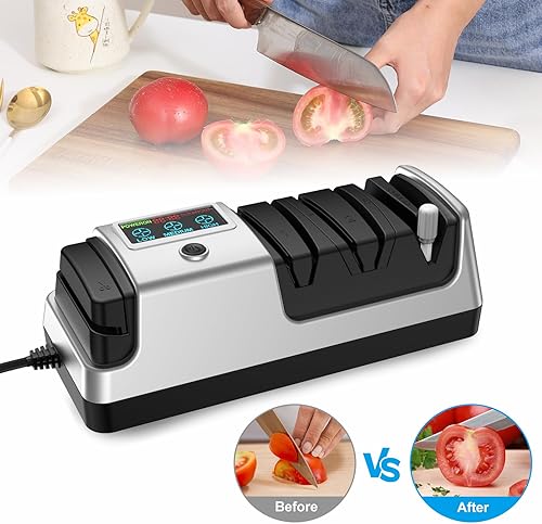 Miniatura 8 de Afilador de cuchillos eléctrico 5 en 1, profesional de 3 etapas con pantalla LCD, 100% abrasivos de diamante, 3 velocidades de rotación ajustables,