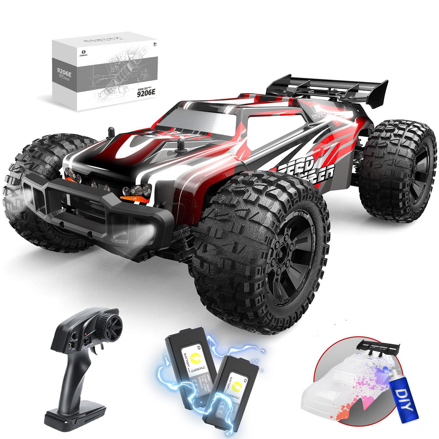 DEERC 9206E DIY Extra Shell 1:10 Scale Large RC Cars,48+ KM/H Hobby Grade High Speed Remote Control Car for Adults Boys,All Terrain 4WD 2.4GHz Off Road Monster RC Truck with 2 Battery for 40+ Min PlayGlobal Recycled StandardGlobal Recycled StandardGlobal Recycled Standard