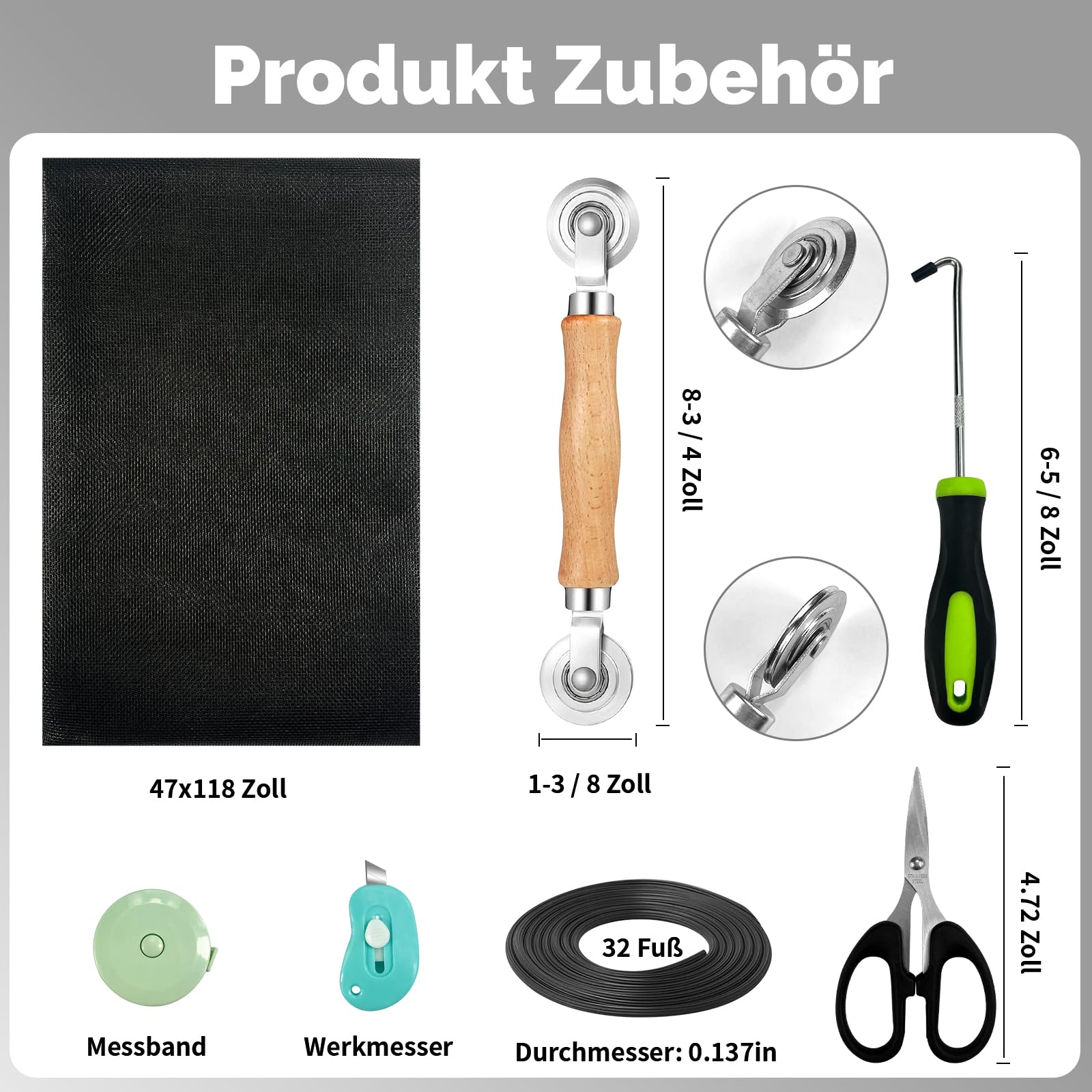 Fliegengitter für Fenster(300 x 120cm - Schwarz), Schneidbar, Reißfest, Fliegengitter Reparatur Set, Insektenschutz für Fenster mit Kederband/Doppelrad Seinroller/Kleines Messer/Haken/Maßstab