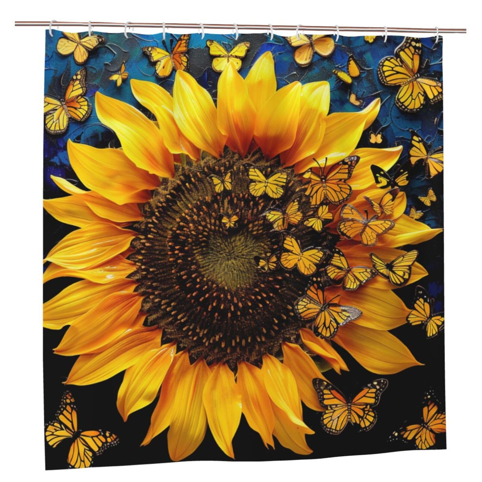 BWWHCCTI Sunflower Floral Butterflies Art Printed Shower Curtain With 12 Plastic Hooks Opaque Quick Drying Waterproof Shower Curtains Sets For Bathroom 183x183 CM