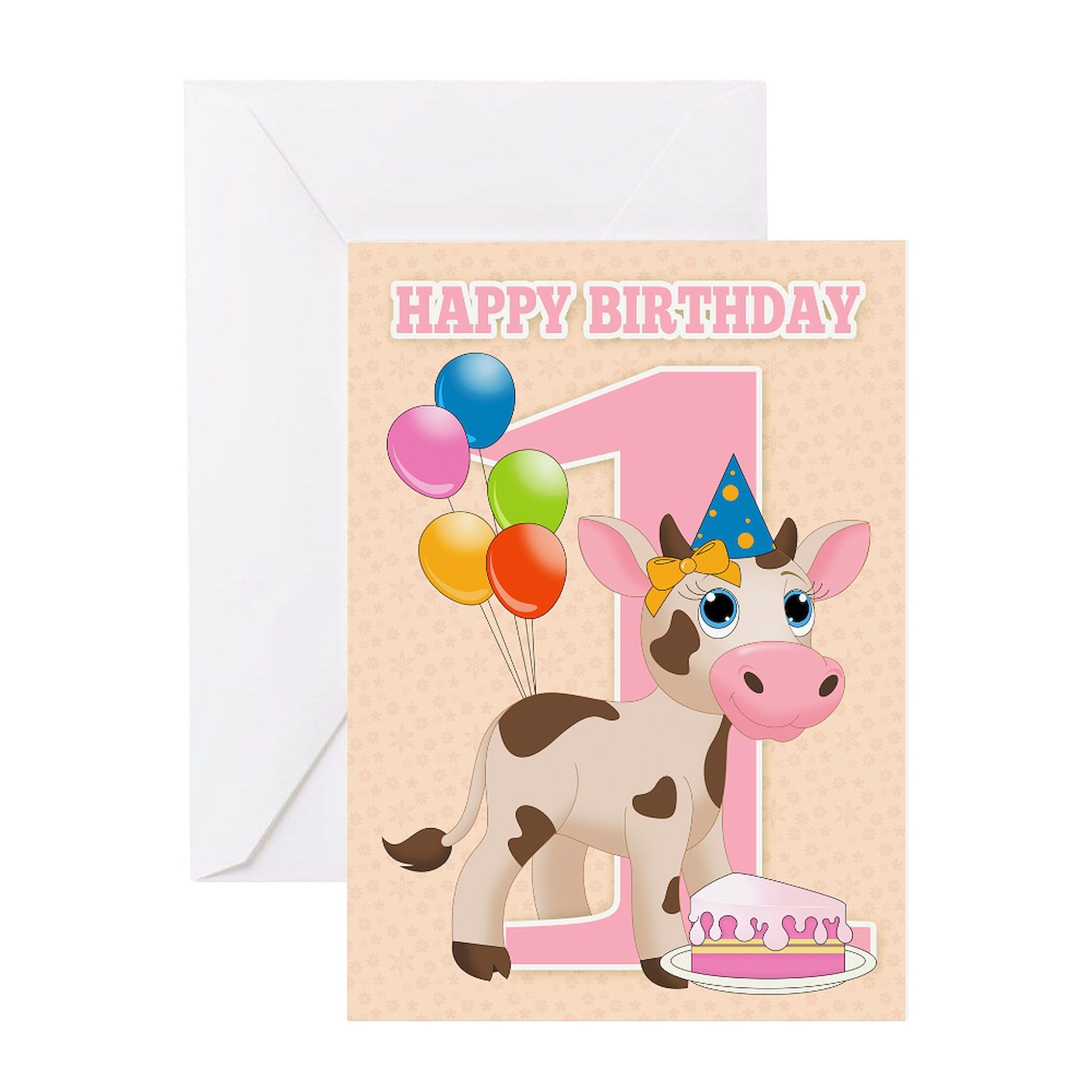 CafePress 1St Birthday Card With Cow And Cake Greeting Cards Folded Greeting Card Glossy