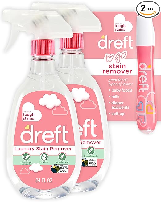 Dreft Stain Remover for Baby Clothes and Hypoallergenic Baby Stain Remover Spray Plus Travel Size Stain Treater Pen, 24 Fl Oz ( Pack of 2 + Stain Pen)