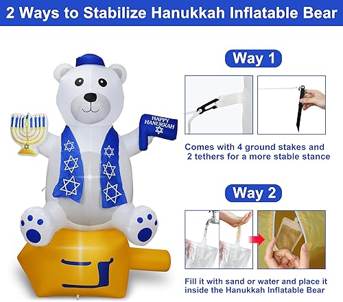 Miniatura 5 de Inflables de Hanukkah de 6 pies para decoración al aire libre, oso sosteniendo una estrella de David y Menorá con luces LED integradas, decoraciones