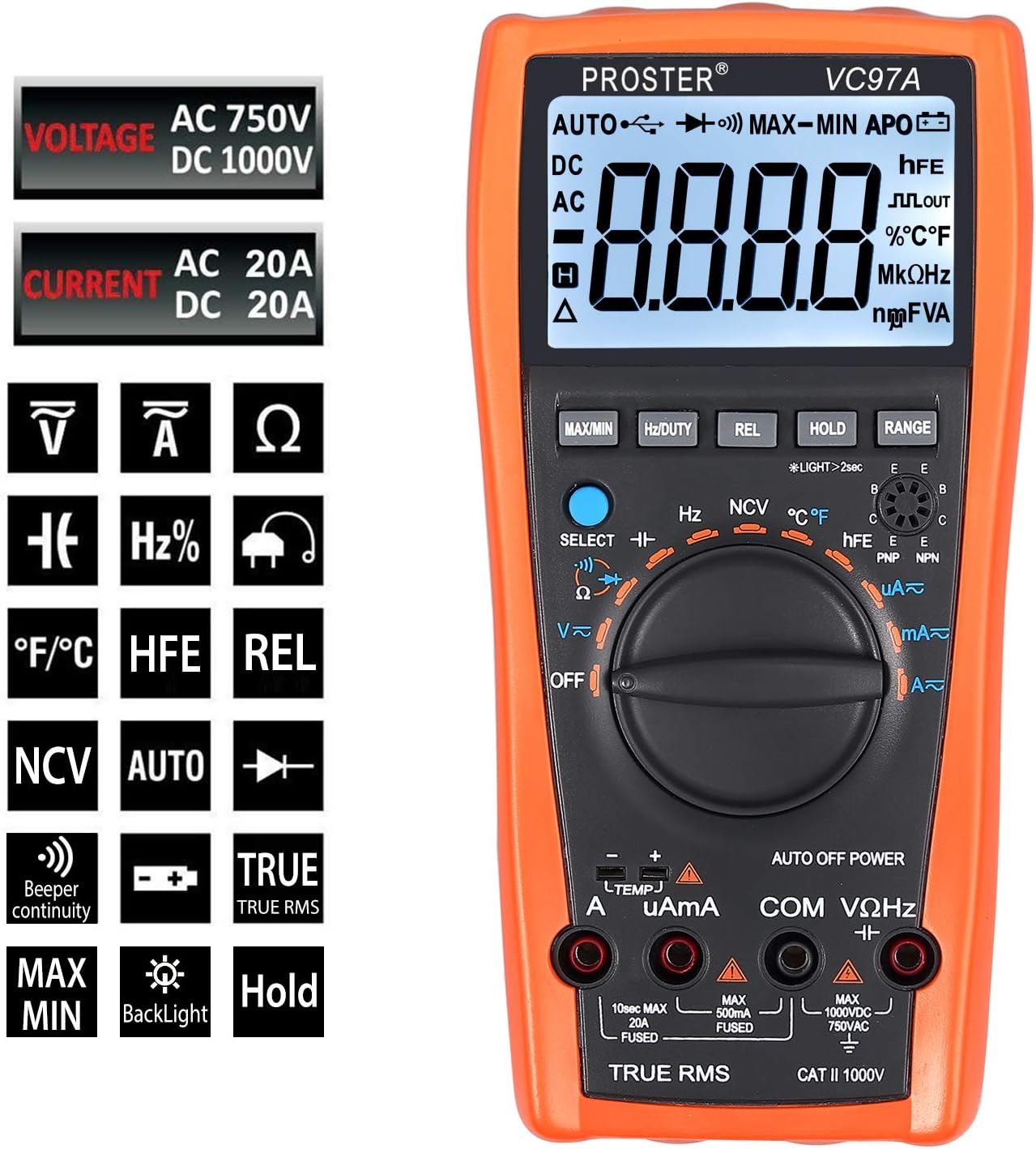 Proster PST97 VC97 Digital Multimeter display with various measurement icons