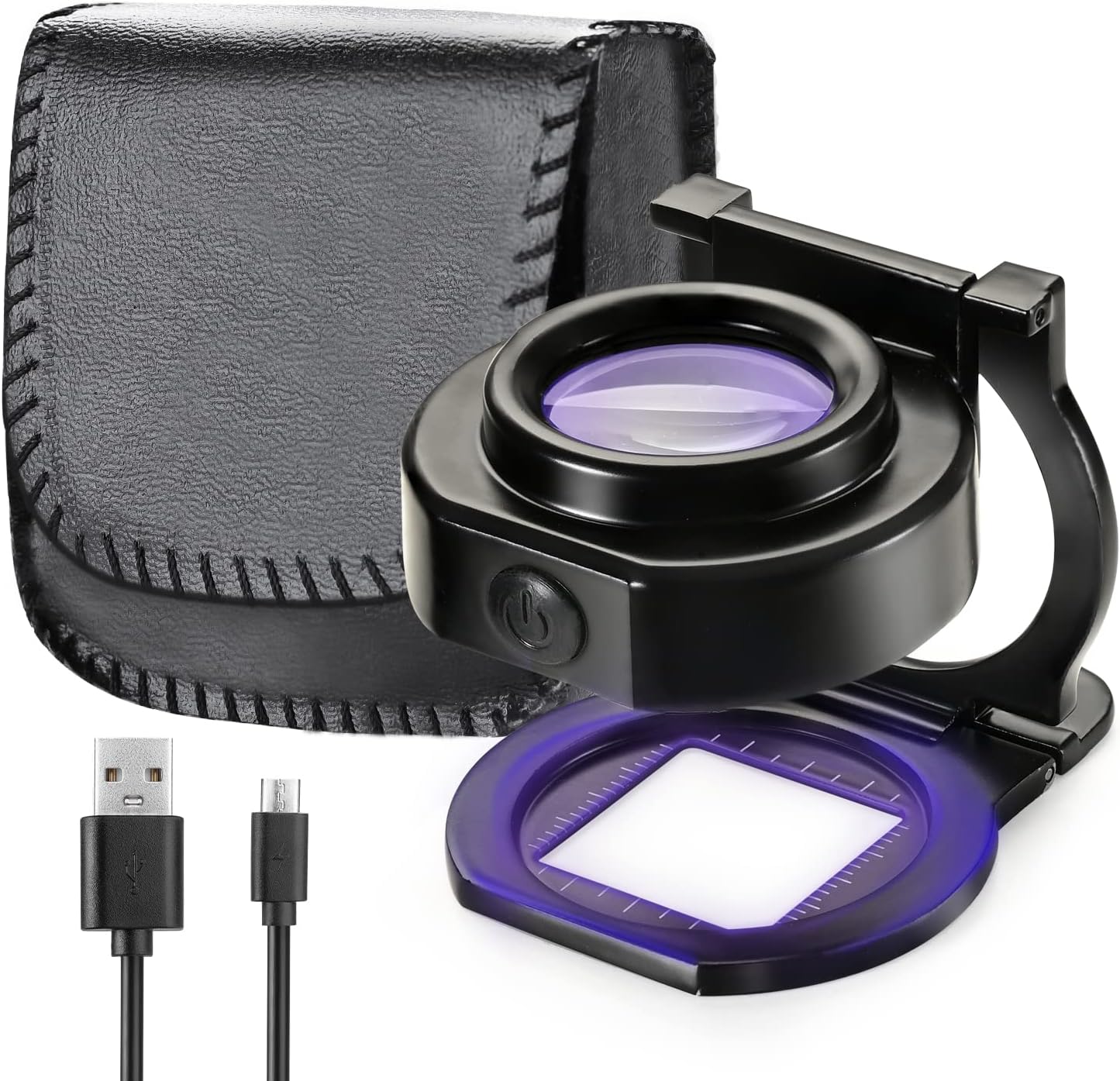 25X Loupe Magnifier with 6 Light, USB Rechargeable Three-Folding Desktop Portable Metal Eye Loupe Scale Sewing Magnifing Glass for Textile Optical Jewelry Tool Coins Currency