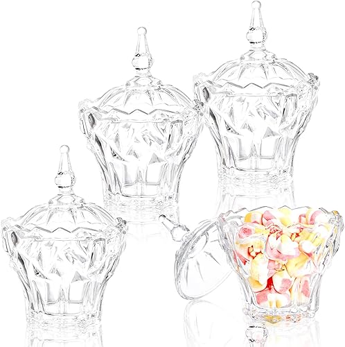Miniatura 9 de DEAYOU Paquete de 4 tarros decorativos para dulces, plato de cristal para dulces con tapa, tarro de cristal de diamante, tarro pequeño cubierto para