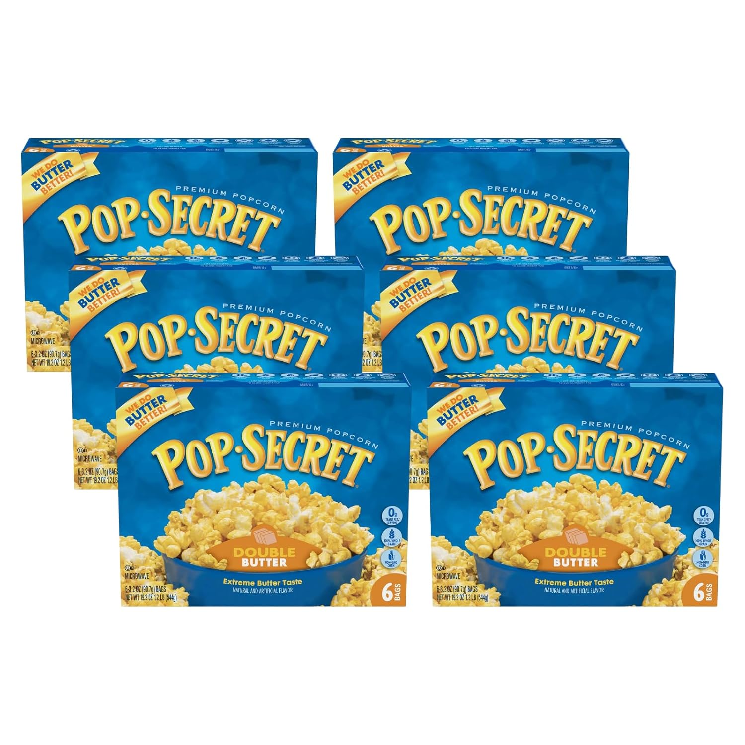 Pop Secret Double Butter Microwave Popcorn 6ct (3.2oz Bags), 19.2oz Box (Pack of 6) - Microwave Popcorn, Non-GMO Popcorn, Double Butter Blast
