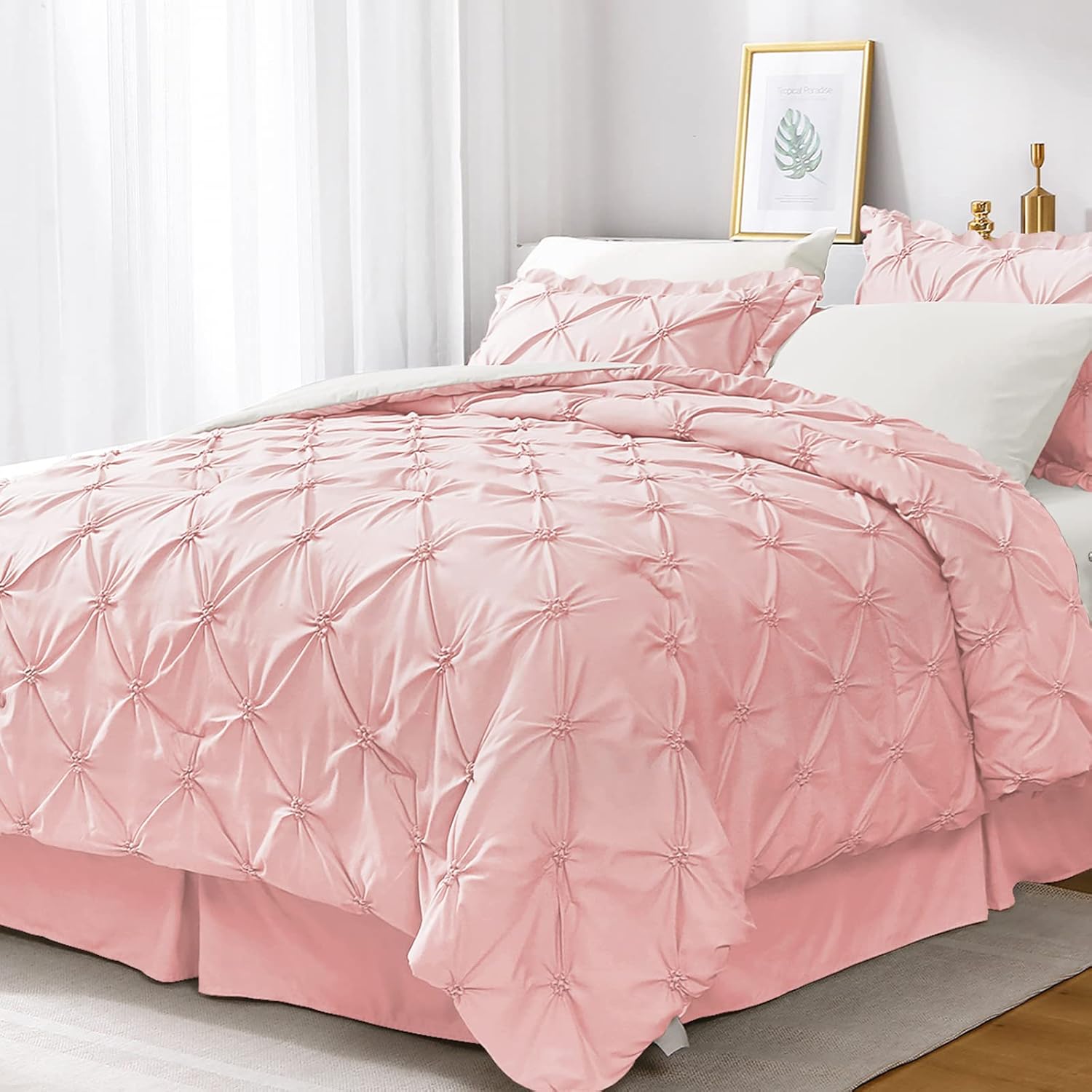 JOLLYVOGUE Queen Comforter Set 7 Pieces, Pink/Ivory Bed in a Bag Comforter Set for Bedroom, Bedding Comforter Sets with Comforter, Sheets,Ruffled Shams & Pillowcases