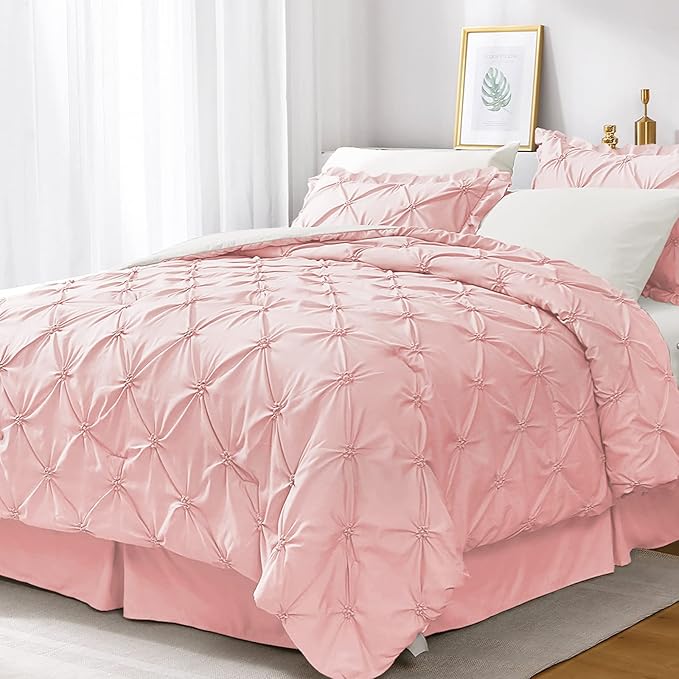 JOLLYVOGUE Queen Comforter Set 7 Pieces, Pink/Ivory Bed in a Bag Comforter Set for Bedroom, Bedding Comforter Sets with Comforter, Sheets,Ruffled Shams & Pillowcases