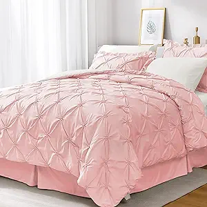 JOLLYVOGUE Pink/Ivory Cal King Size Comforter Sets 7 Pieces, Pintuck Bed in a Bag Comforter Set for Bedroom, Bedding Comforter Sets with Comforter, Sheets,Ruffled Shams & Pillowcases