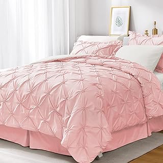 JOLLYVOGUE Queen Comforter Set 7 Pieces, Pink/Ivory Bed in a Bag Comforter Set for Bedroom, Bedding Comforter Sets with Comforter, Sheets, Ruffled Shams & Pillowcases
