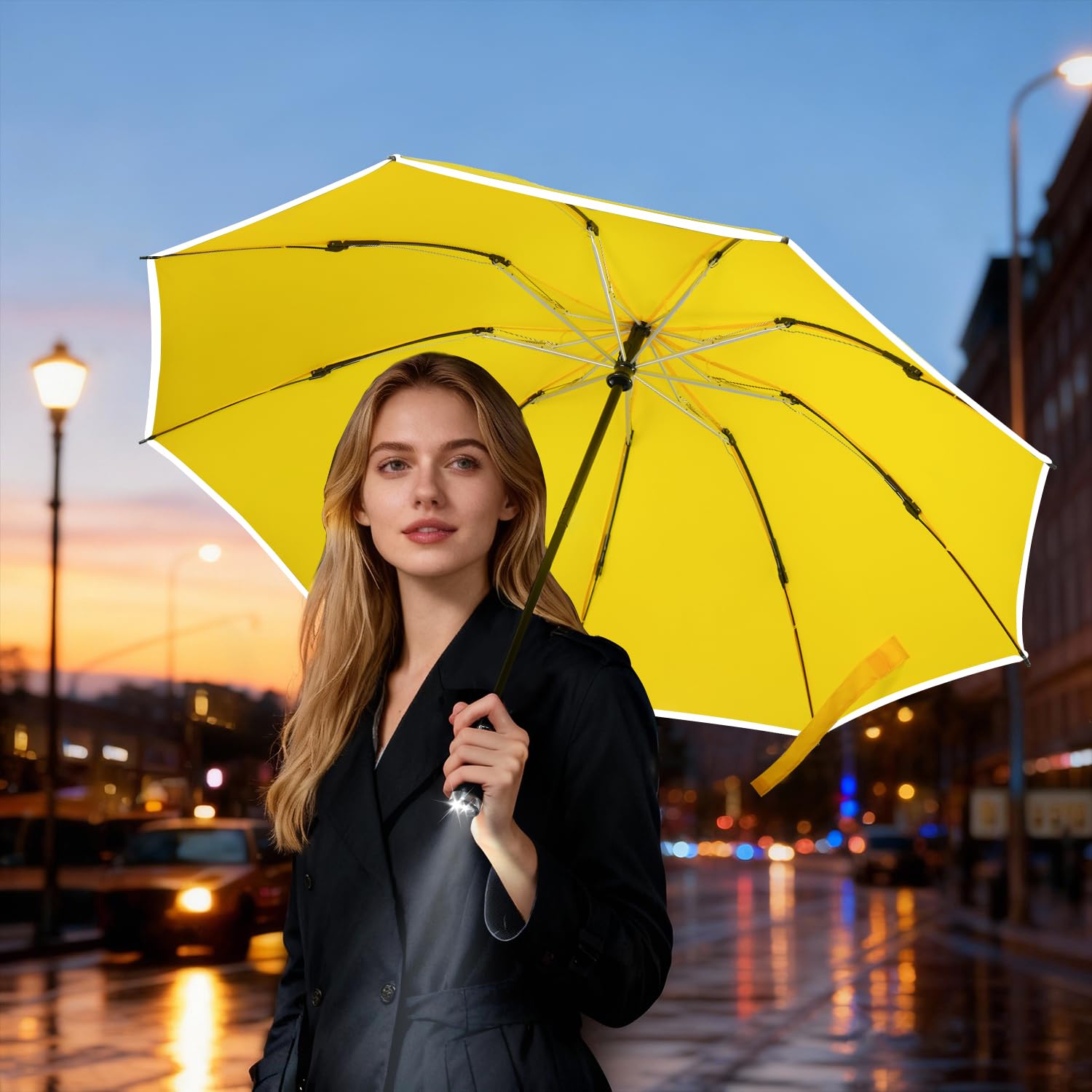 Lejorain Paraguas plegable automático invertido – Paraguas amarillo resistente al viento LED linterna mango con tira reflectante