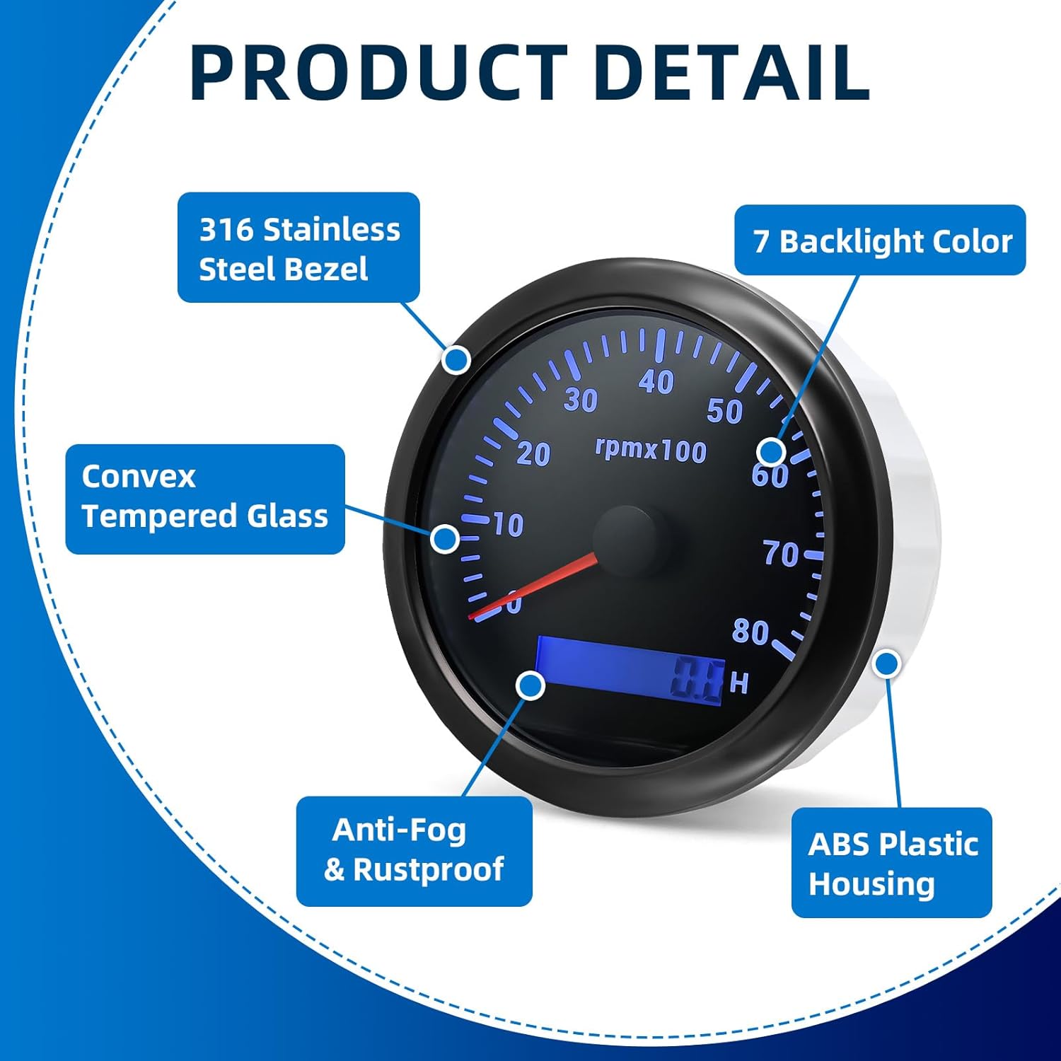 MH Tachometer 3-3/8" 85mm 8000RPM Tach Boat RPM Gauge 7 Color Waterproof for AUTO Car Truck Marine（Black）