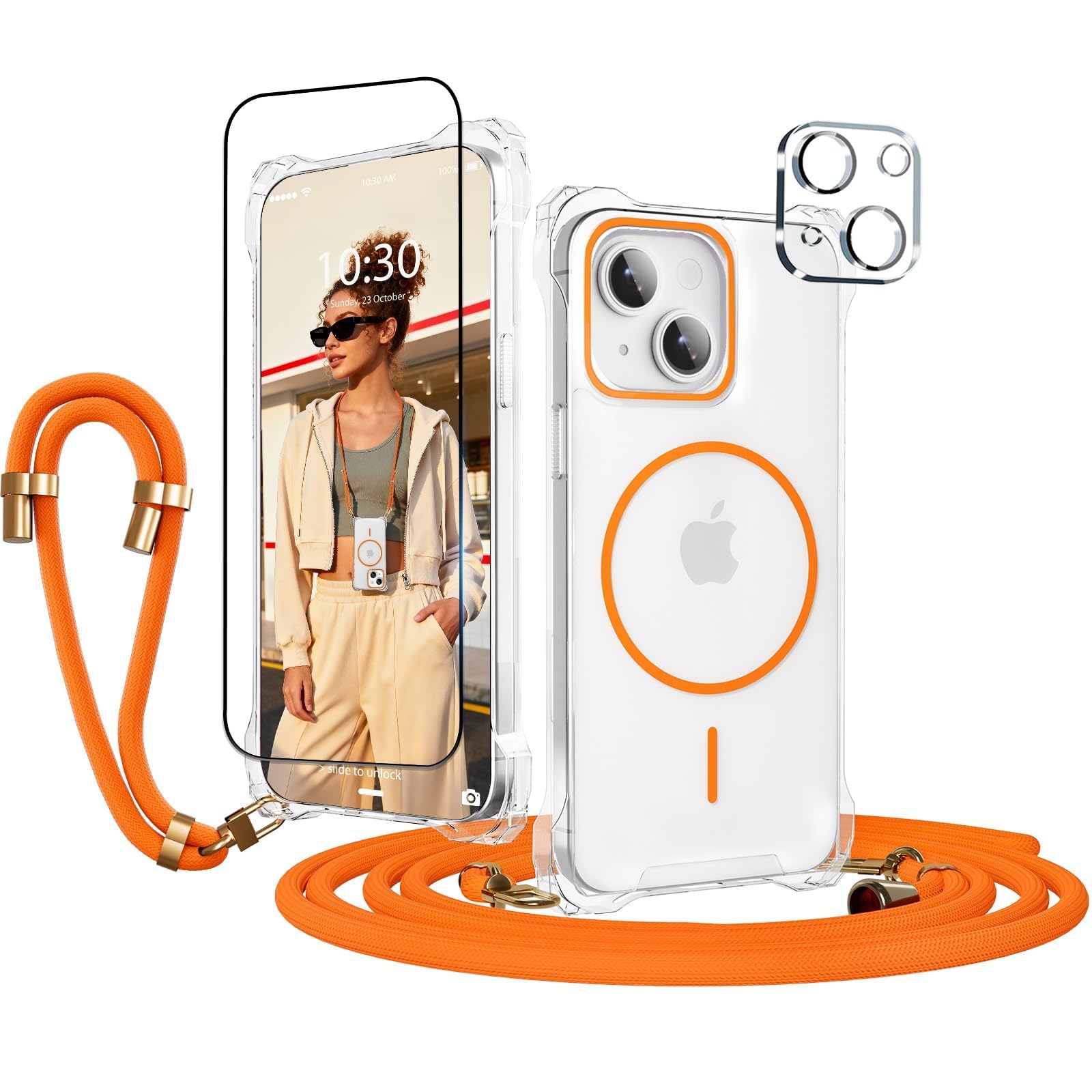 GUtttGU Handyband Abnehmbar für iPhone 15 Hülle mit Band, Orange Langes Band zum Umhängen & Kurzkordel für Handgelenk, Transparent Handyhülle Kompatibel mit Magsafe + Schutzfolie + Kameraschutz
