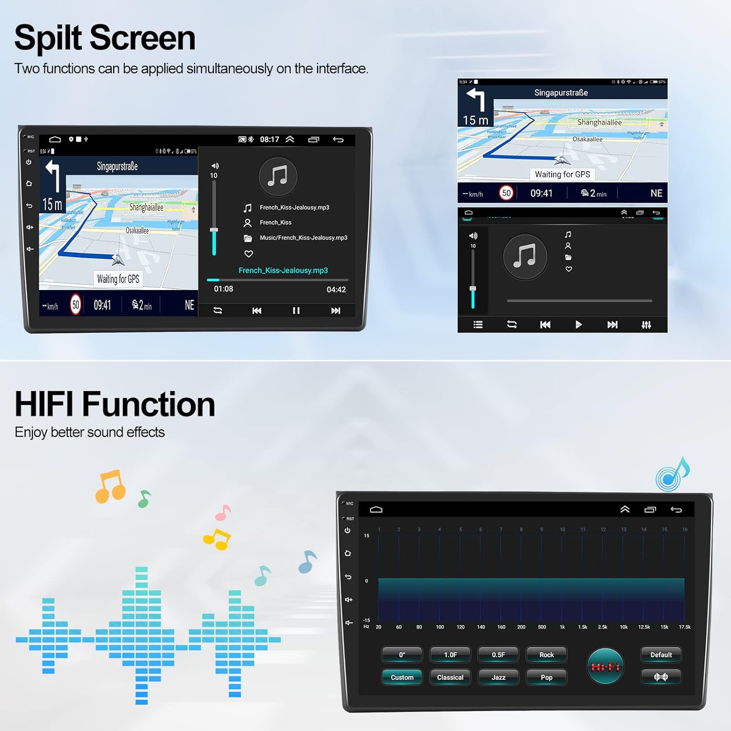 Image showing the car radio display in split-screen mode with navigation and music playback, and a graphic representing the HiFi sound function.