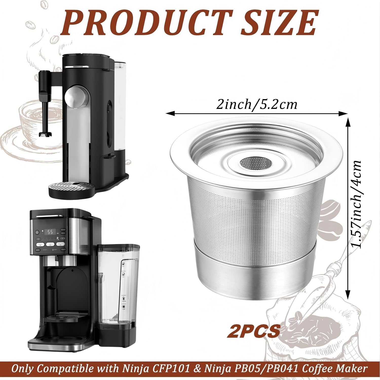 2 Pack Reusable K Cups and Coffee Pods for Ninja Coffee Maker PB051 & CFP101/PB041 Universal Durable Stainless Steel K Pod Permanent K Cups Filters Fit for Ninja Coffee Maker Coffee Accessories image 3