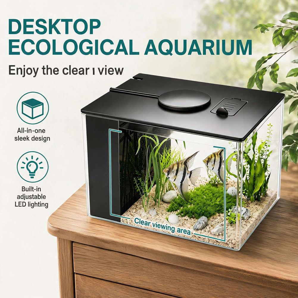 DASIAUTOEM Petit aquarium Betta complet 15 x 11 x 13 cm, mini aquariums en acrylique, aquarium, luminaires, nourriture pour poissons et système de filtration intégré, pour petits poissons, crevettes