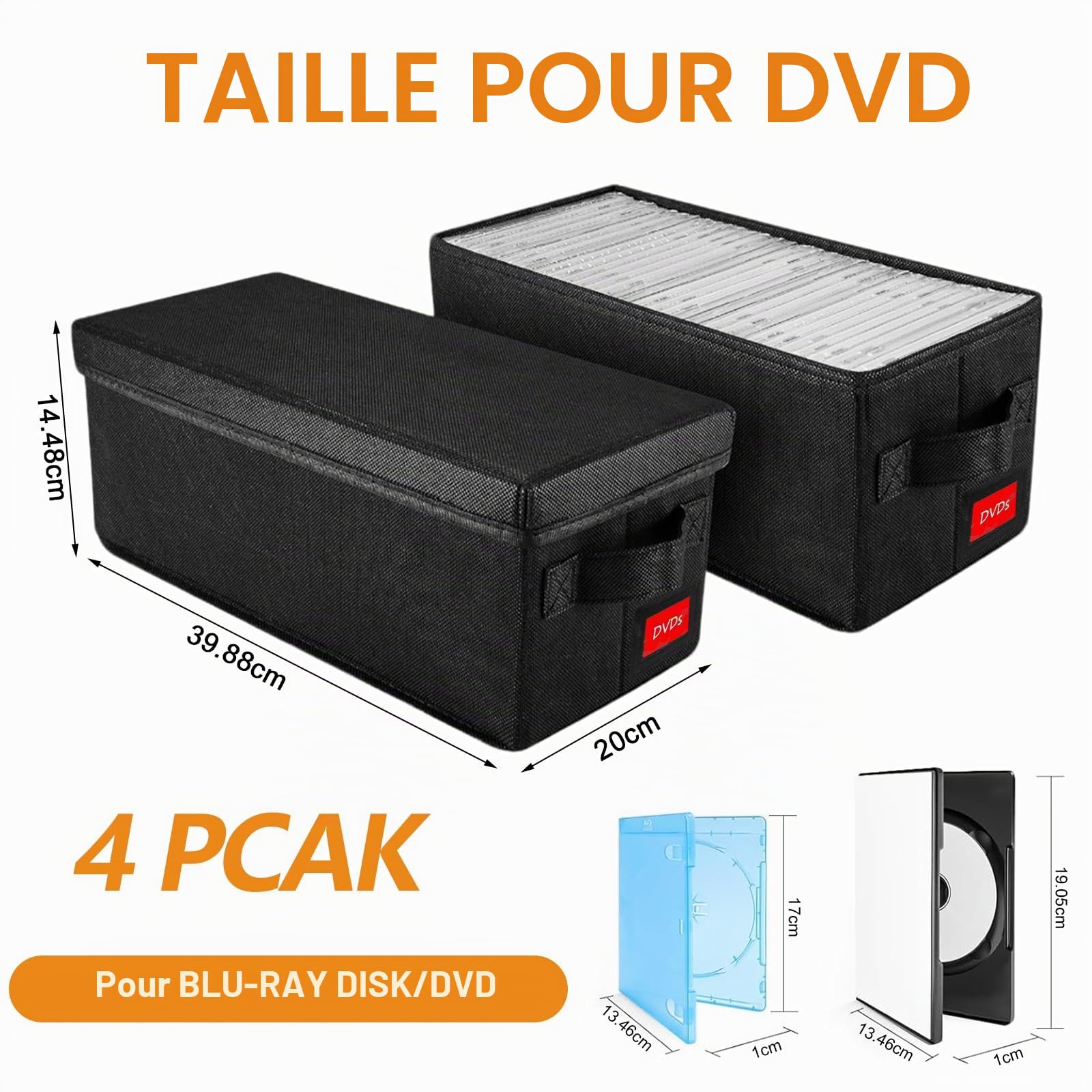 Lot de 4 boîtes de rangement pour DVD, 40 x 20 x 15 cm avec couvercle, conteneur pouvant contenir 50 DVD dans des boîtiers à bijoux, 85 DVD dans des étuis fins et 220 disques dans des