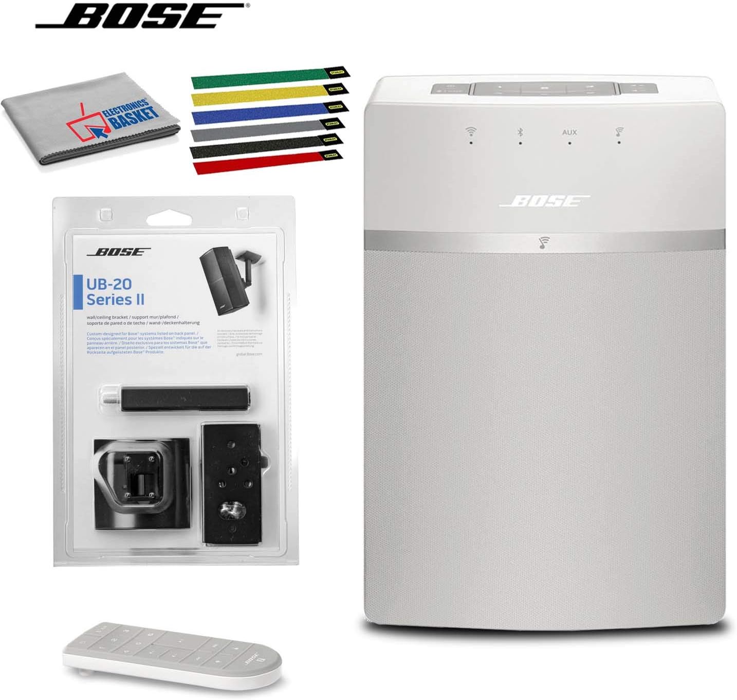 Bose SoundTouch 10 Wireless Music System (White) Bundle with Ceiling Bracket, Cable Ties and Cleaning Kit