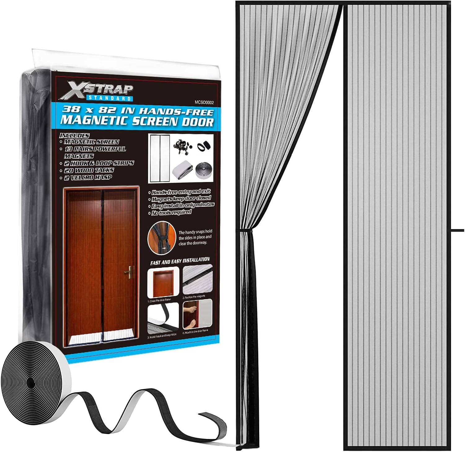 XSTRAP STANDARD Upgraded Magnetic Screen Door, Door Screen Magnetic Closure, Retractable Mosquito Net for Door, Mesh Curtain with Frame Hook & Loop, Hands-Free, Pet and Kid Friendly 38 x 82 Inches