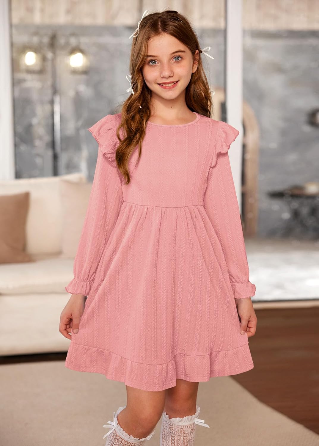 Girls Ruffle Hem Long Sleeve Dress Elastic Cuffs Knit Casual Fall Dresses with Pockets 6-14 Years - Image 4