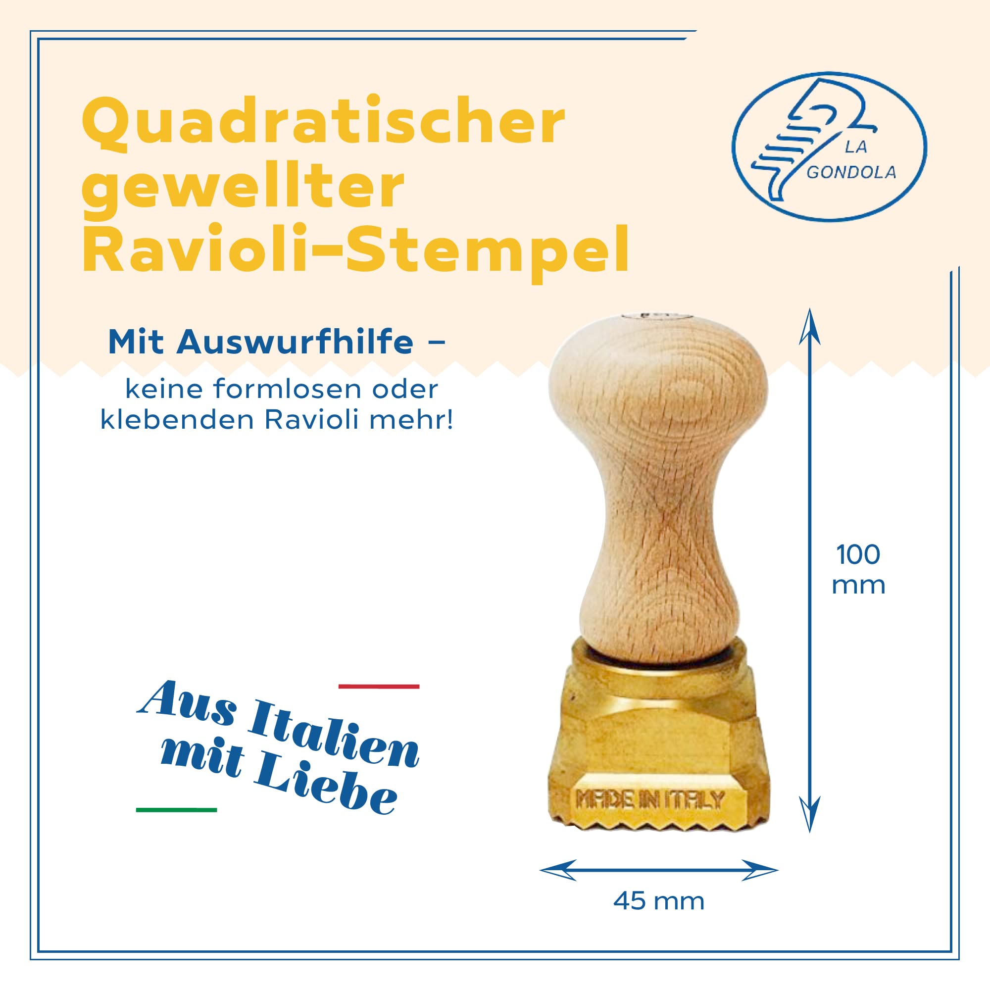 La Gondola Ravioli-Stempel - Quadratisch Gewellt 45x45mm | Italienisches Pasta-Werkzeug für Zuhause gewerbliche Küche | Messing, Naturholz | Einfach zu verwenden | Ravioli Ausstecher Made in Italy
