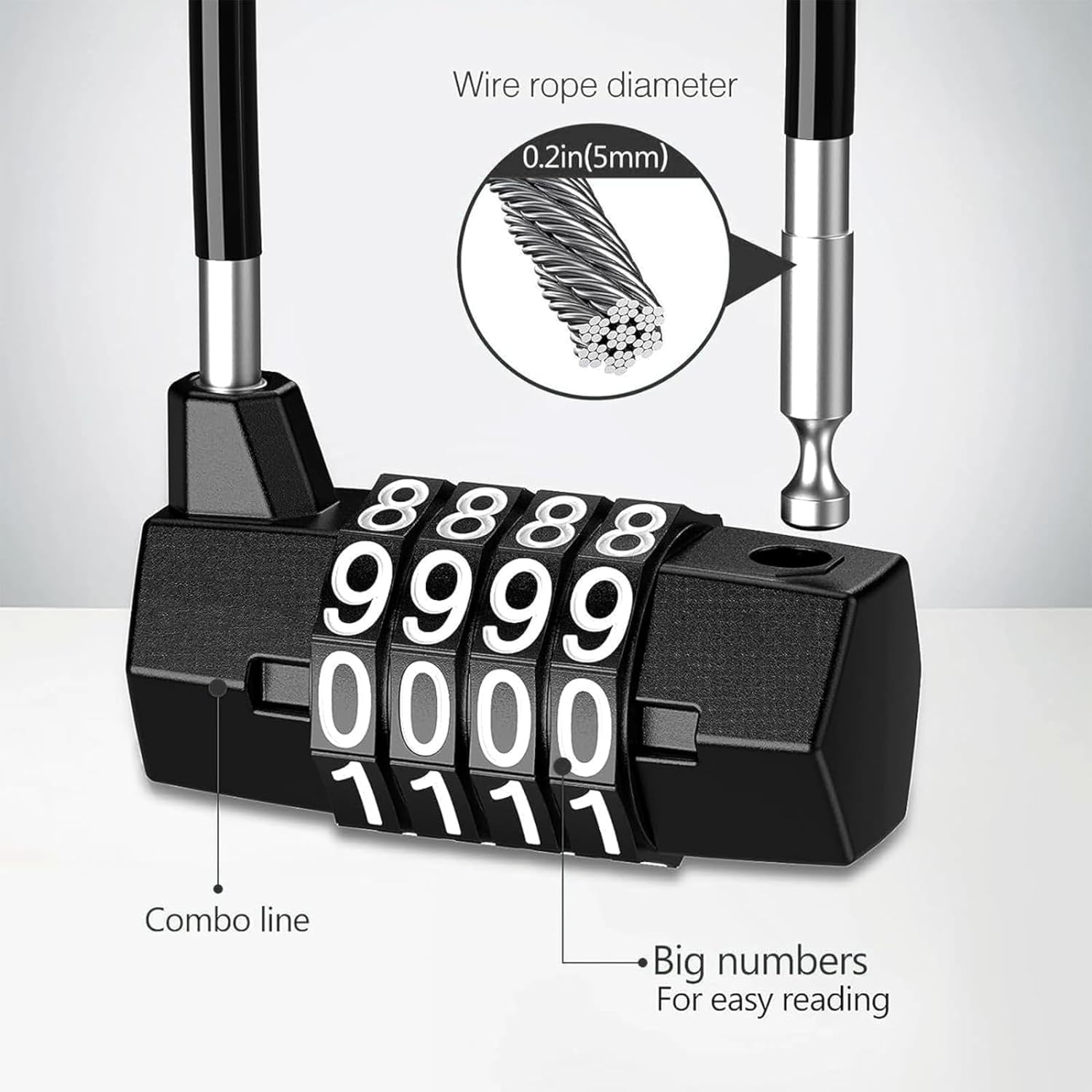 4-Digit Combination Padlock Long Shackle Combination Lock with Steel Cable Rope Resettable Lock Cabinet Door Handle Padlock for Gym Locker, Sheds, Fences, Cabinet, Luggage, Bike (15.3" Cable)