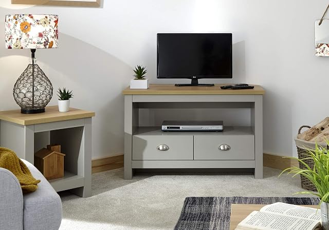Home Source Corner TV Stand Open Shelf Oak Top Metal Handles Runners, Grey, 2 Drawer