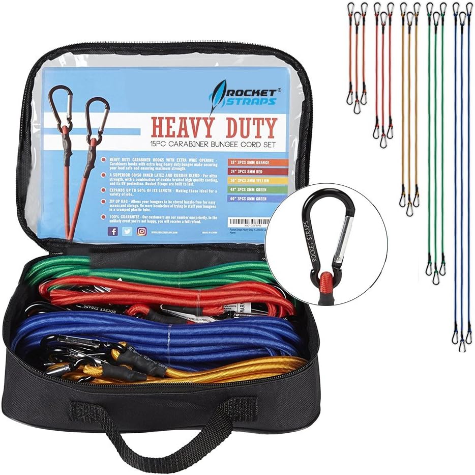 ROCKET STRAPS | 15PC Bungee Cords with Hooks - Aluminum Carabiners | Bungee Cord Set Includes | Bungee Cords & Carrying Bag - A 50/50 Latex Rubber Blend for Extreme Strength