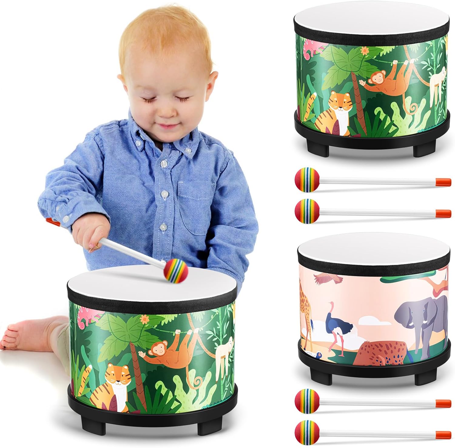 Boao 2 Pack Drum Set for Kids Toddler Age 1-12, Toy Drum 8'' W x 6.5'' H Wooden Drum with 4 Drumsticks Educational Musical Instrument Toys for Girls Boys Birthday Gift 2 Animal