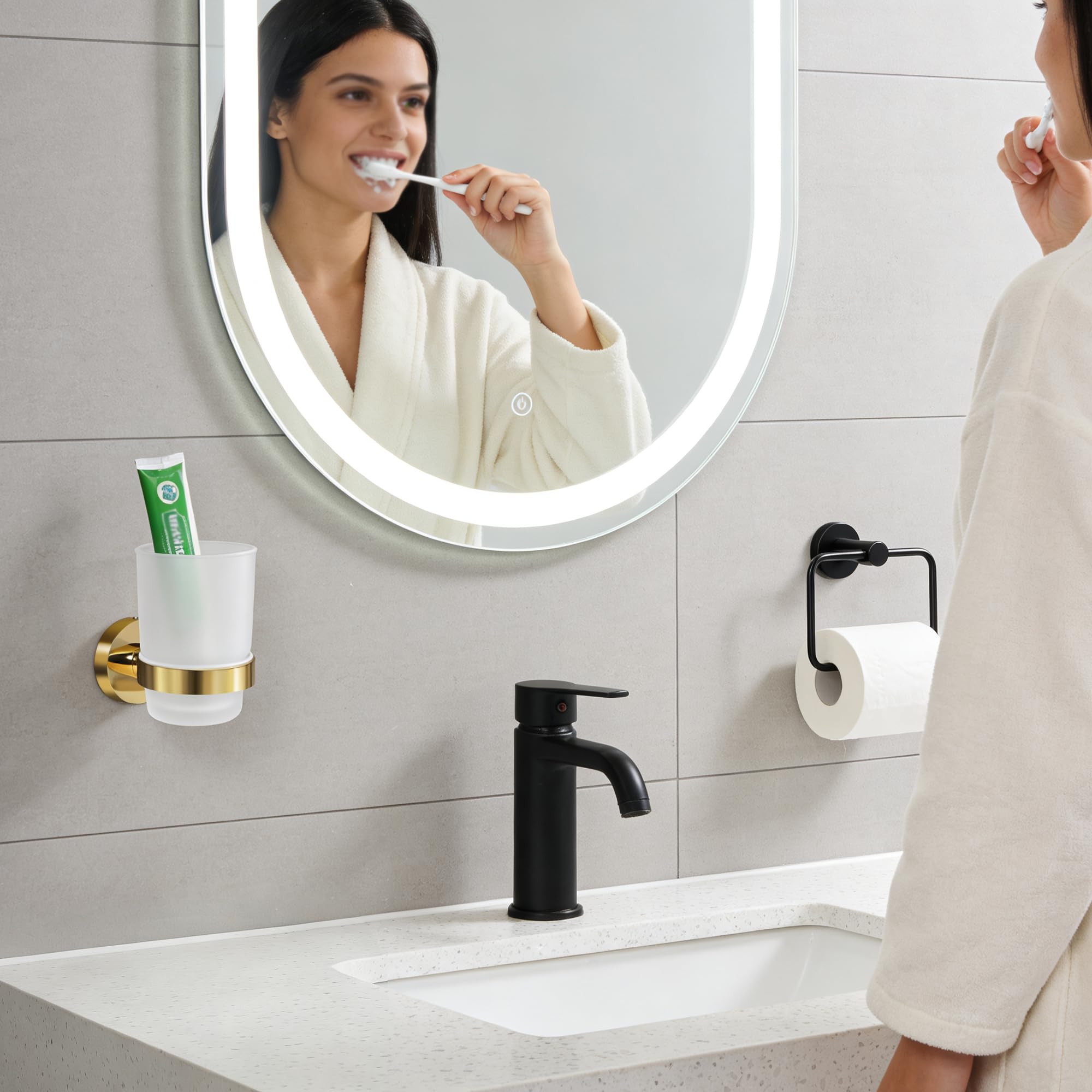 Soporte para Cepillo de Dientes de Pared con Vaso de Vidrio Esmerilado de Acero Inoxidable (un Solo Dorado)