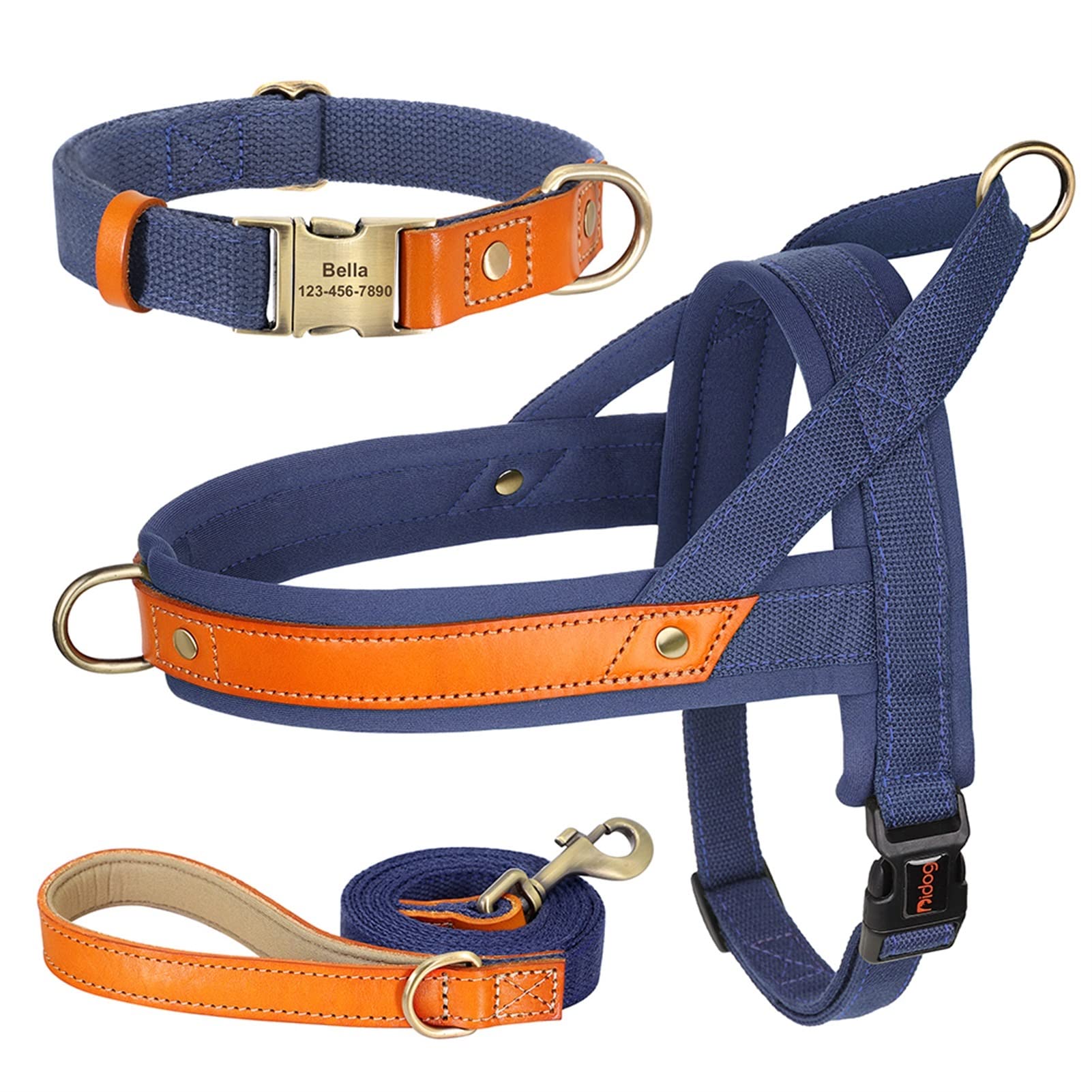 REYNEM Nylon Dog Collar Harness Leash Set No Pull Leather Puppy Dog Harness Pet Vest Strap For Small Medium Large Dogs French Bulldog (Color : Dark Blue 3 Set, Size : L)
