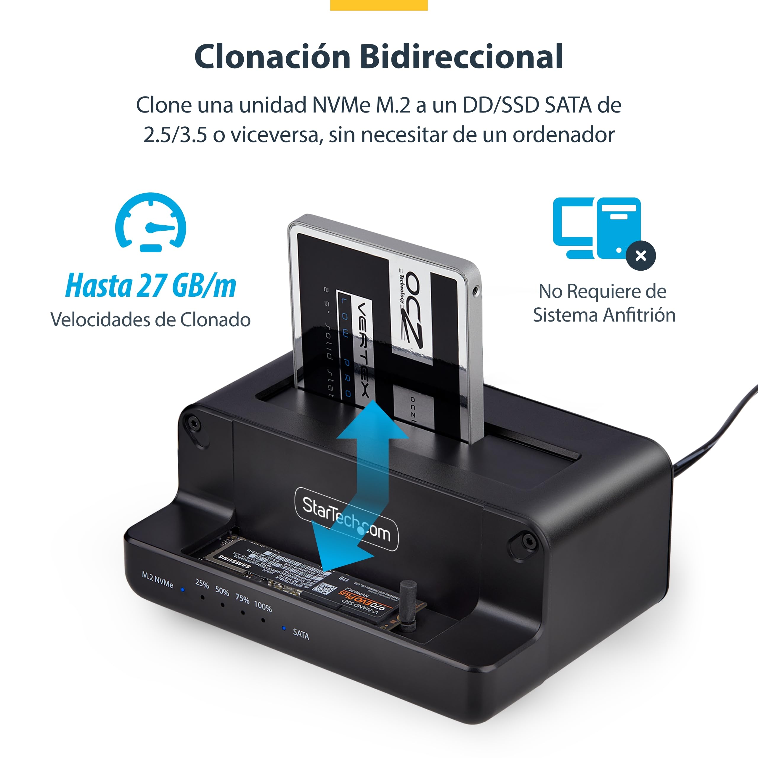 StarTech Dock Duplicador M.2 NVMe a SATA 2,5/3,5in, 27GB/min, USB 10Gbps | USB 3.2 10Gbps, PCIe Gen3x2, Unidad de estado solido