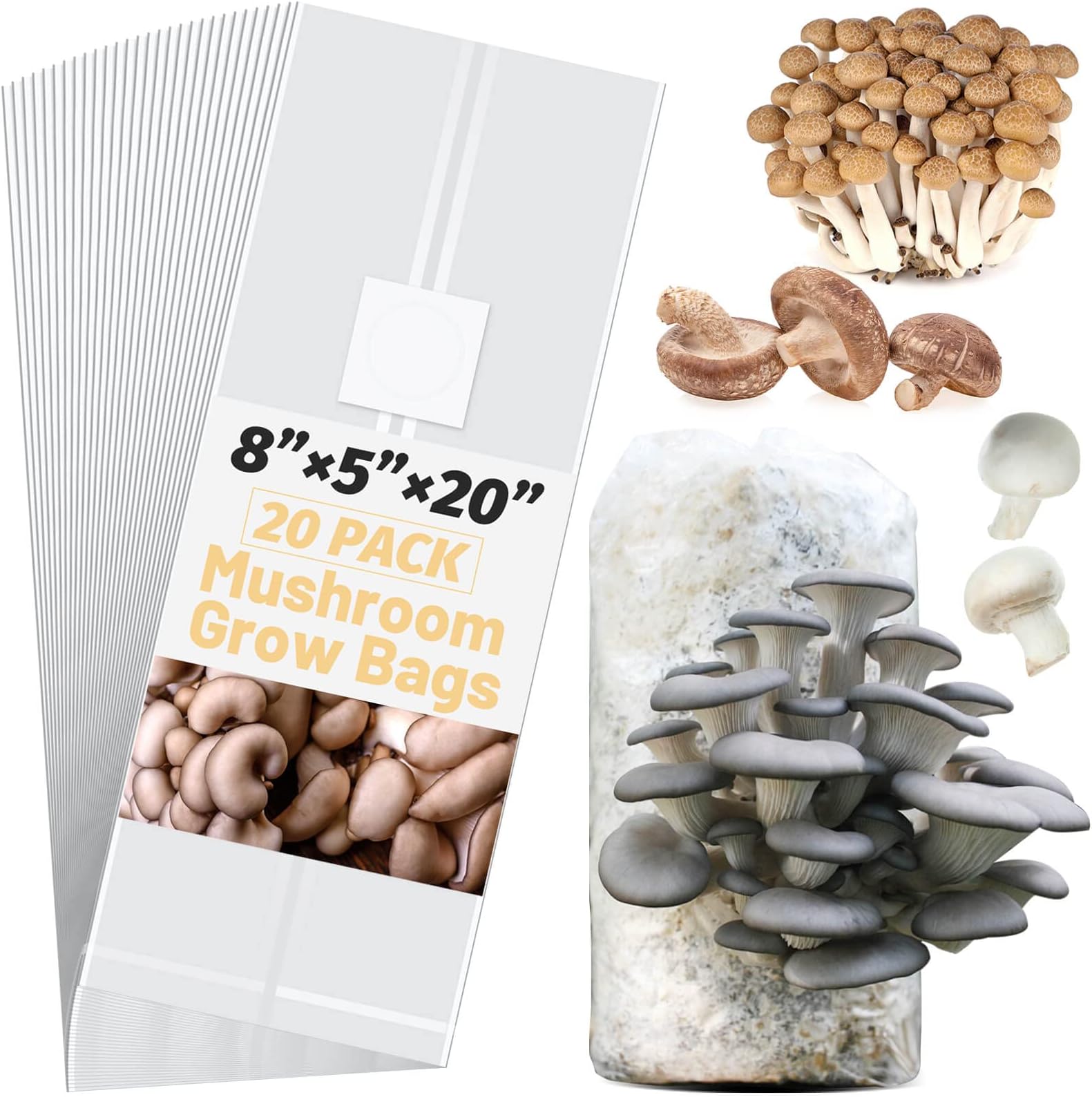 CLESDF Mushroom Growing Bags, 20Pcs Large Extra Thick 6 Mil Mushroom Spawn Bags, 8" x 5" x 20" Sealable Mushroom Substrate Bags for Mushroom Cultivation, Spawn Bags, Sawdust Fruiting Blocks