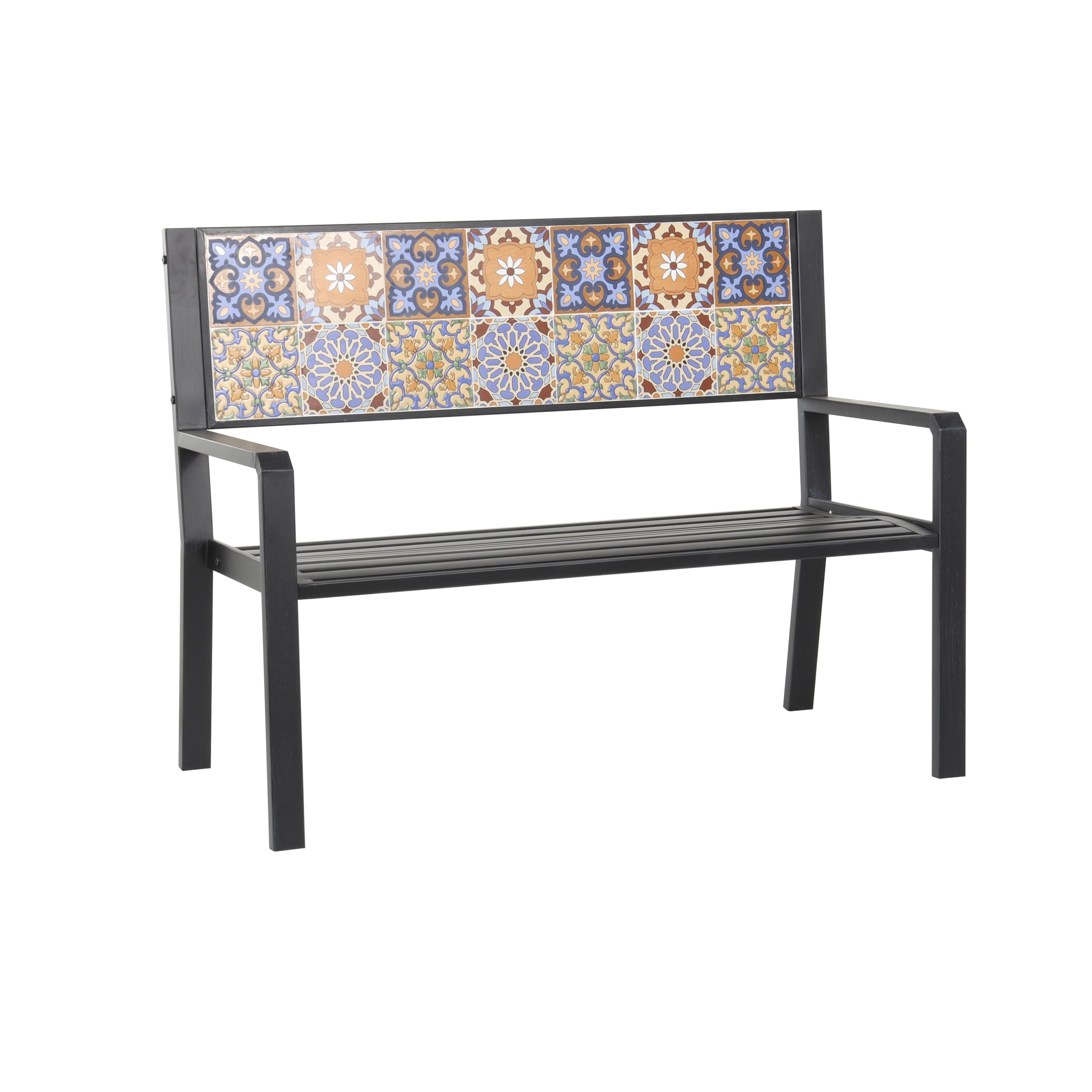 Photo 1 of Deco 79 Metal Patio Outdoor Bench Mosaic Floral and Scroll Patio Bench with Orange and Blue Patterns, Bench 47" x 22" x 36", Black