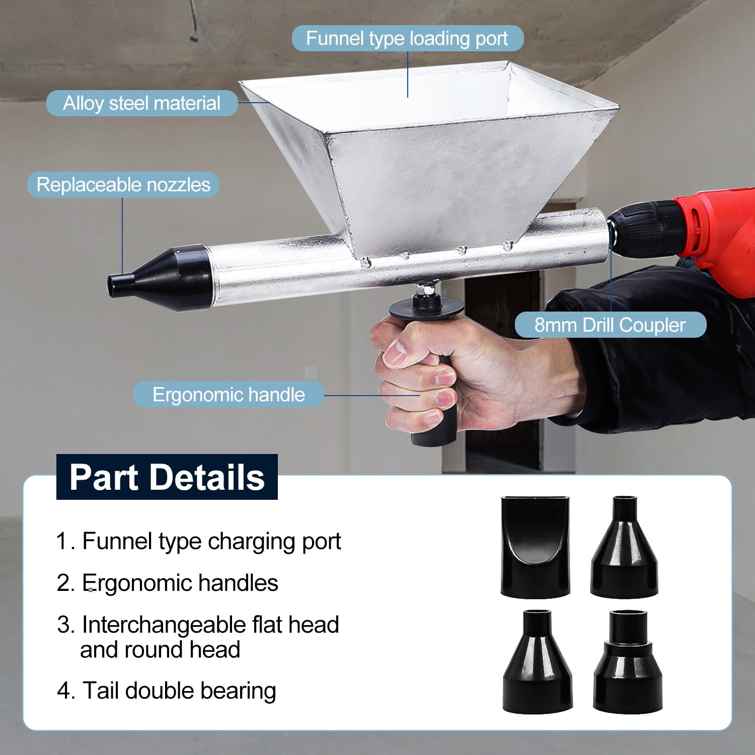 Pistolet Joint Électrique Portable avec 4 Embouts, Pistolet Ciment Électrique, Sans Perceuse Électrique, Jointoyeuse pour le Jointoiement de Mortier de Murs en Pierre et de Sols
