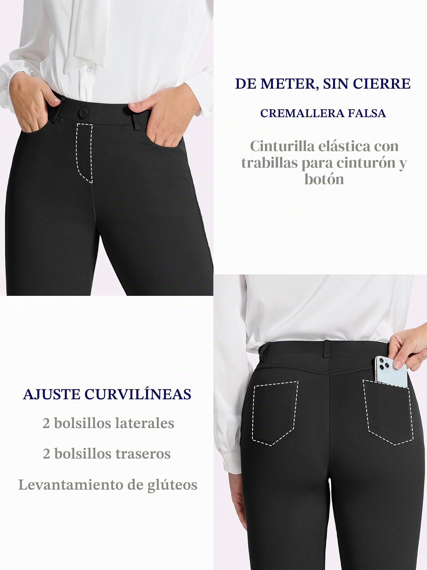 Tapata Mujer 71cm/76cm/81cm/86cm Pantalones Pierna Recta Elásticos con Bolsillos, Pequeño/Regular/Alto para Oficina Negocios Casual