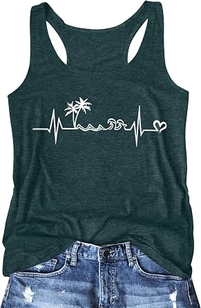 Women Vintage Beach Graphic Racerback Tank Top Summer Vacation Hawaiian Sunset Sun Sand Sleeveless Basic-Fit Shirt Cami