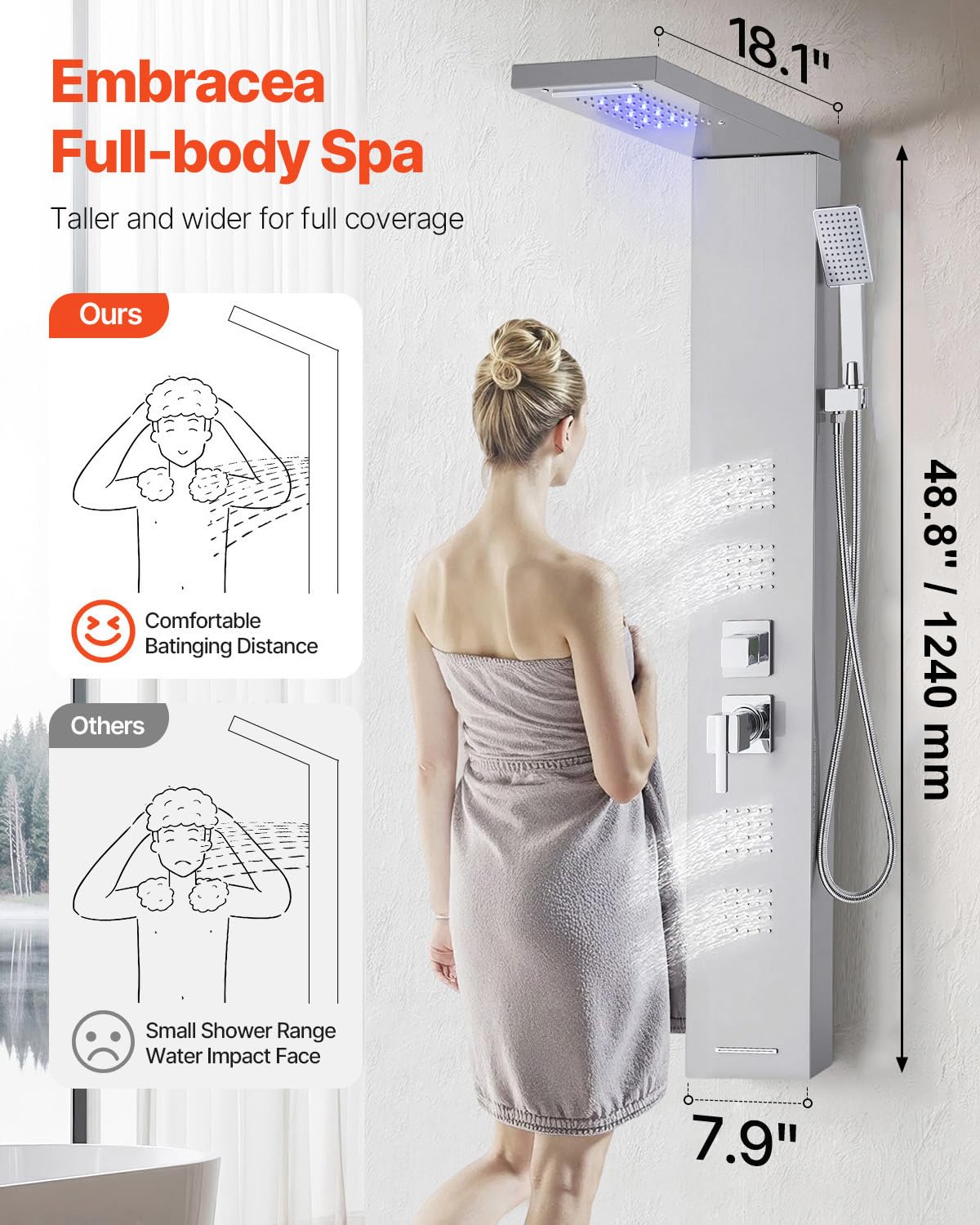 VEVOR Pannello Doccia a Torre con Soffione a Cascata LED, Colonna Doccia in Acciaio Inox Spazzolato 1345 mm, Rubinetto 5 Funzioni con Doccetta e Beccuccio per Vasca