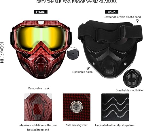 Miniatura 5 de GGBuy Gafas de Montar para Casco de Motocicleta con Máscara Facial Extraíble, Gafas Cálidas Antivaho Desmontables Filtro Bucal Correa Antideslizante